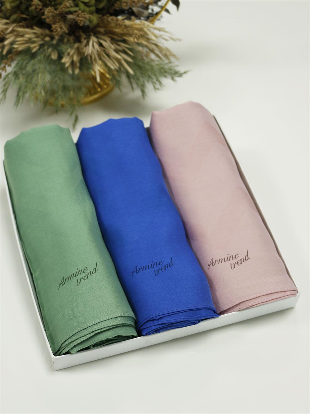 Armine Trend Işıl Şal - Pamuklu - ATS5ISL - 3'lü Set - Yeşil, Mavi, Açık Pembe