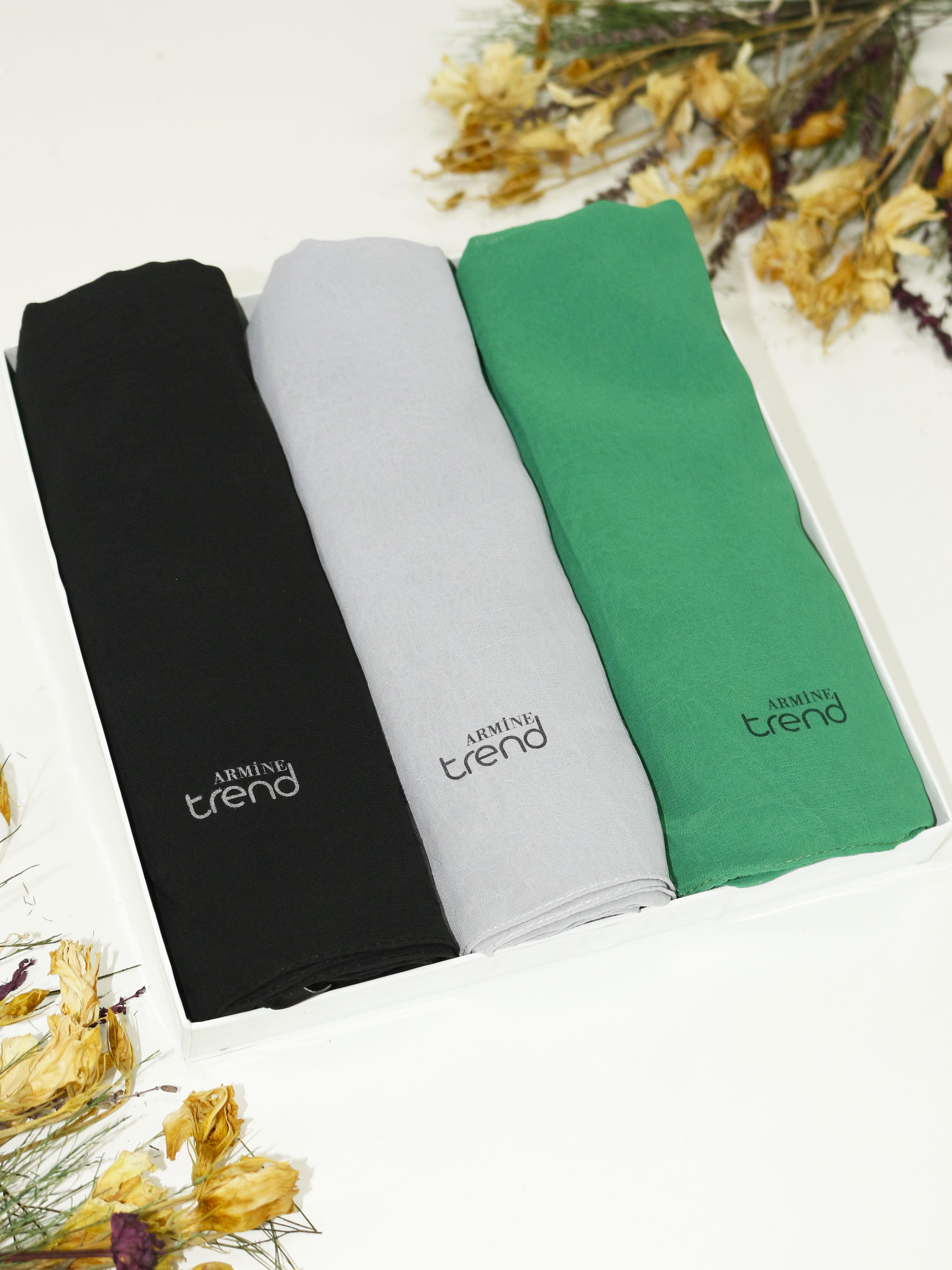 Armine Trend Krinkıl Şifon Şal - ATSKRN - 3'lü Set - Siyah, Gri, Yeşil