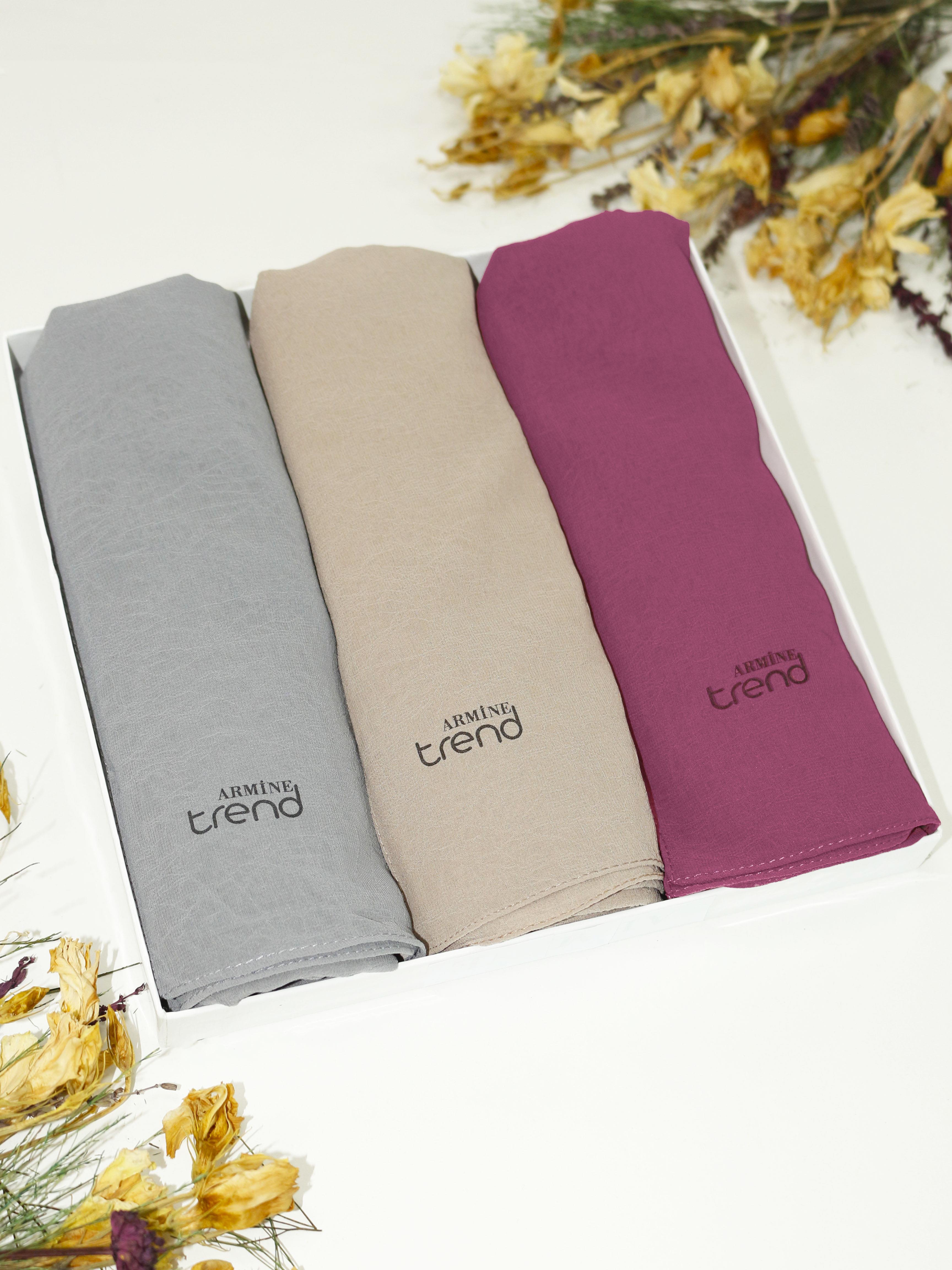 Armine Trend Krinkıl Şifon Şal - ATSKRN - 3'lü Set - Gri, Vizon, Pembe