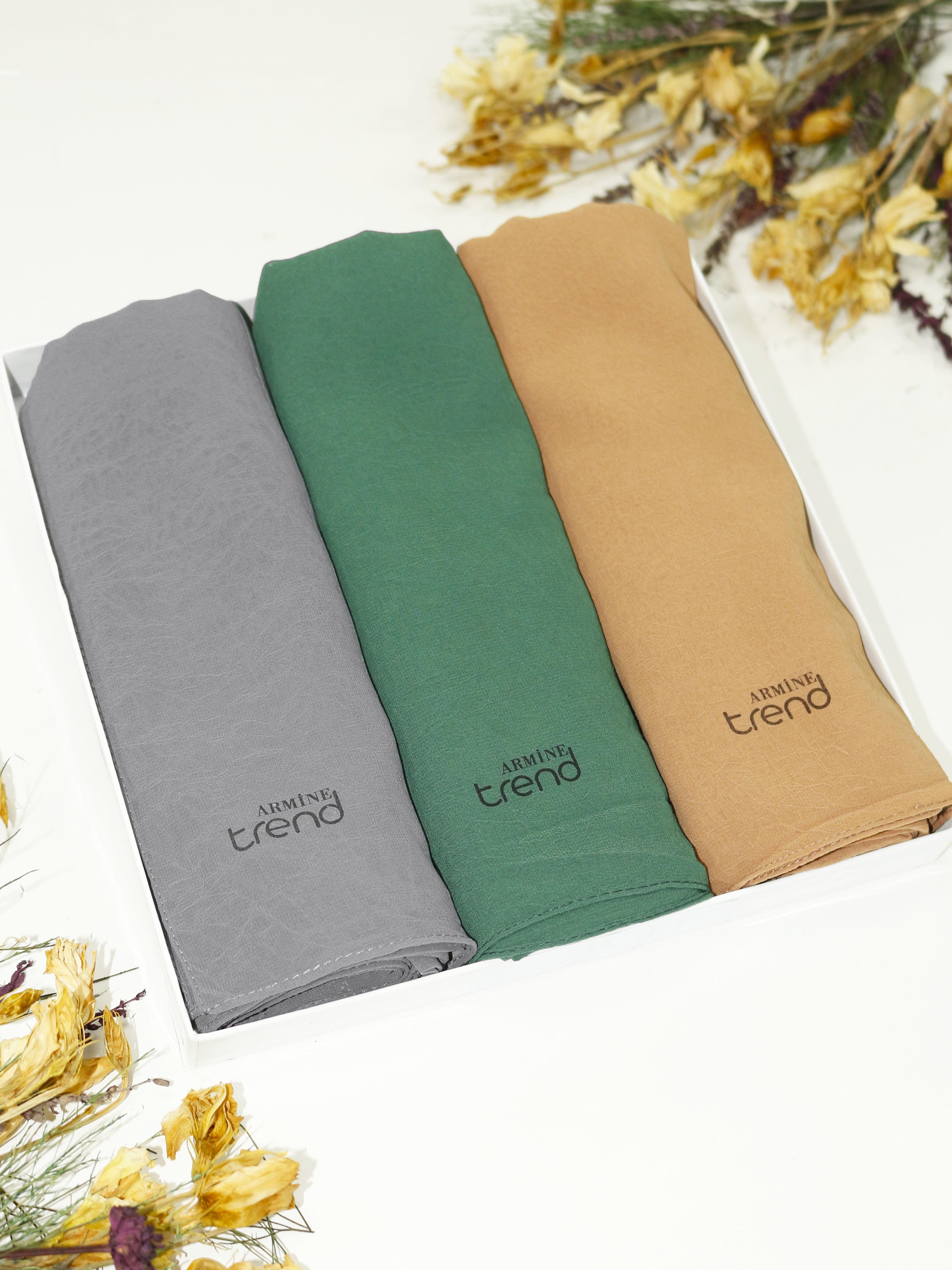 Armine Trend Krinkıl Şifon Şal - ATSKRN - 3'lü Set - Gri, Kahve, Yeşil