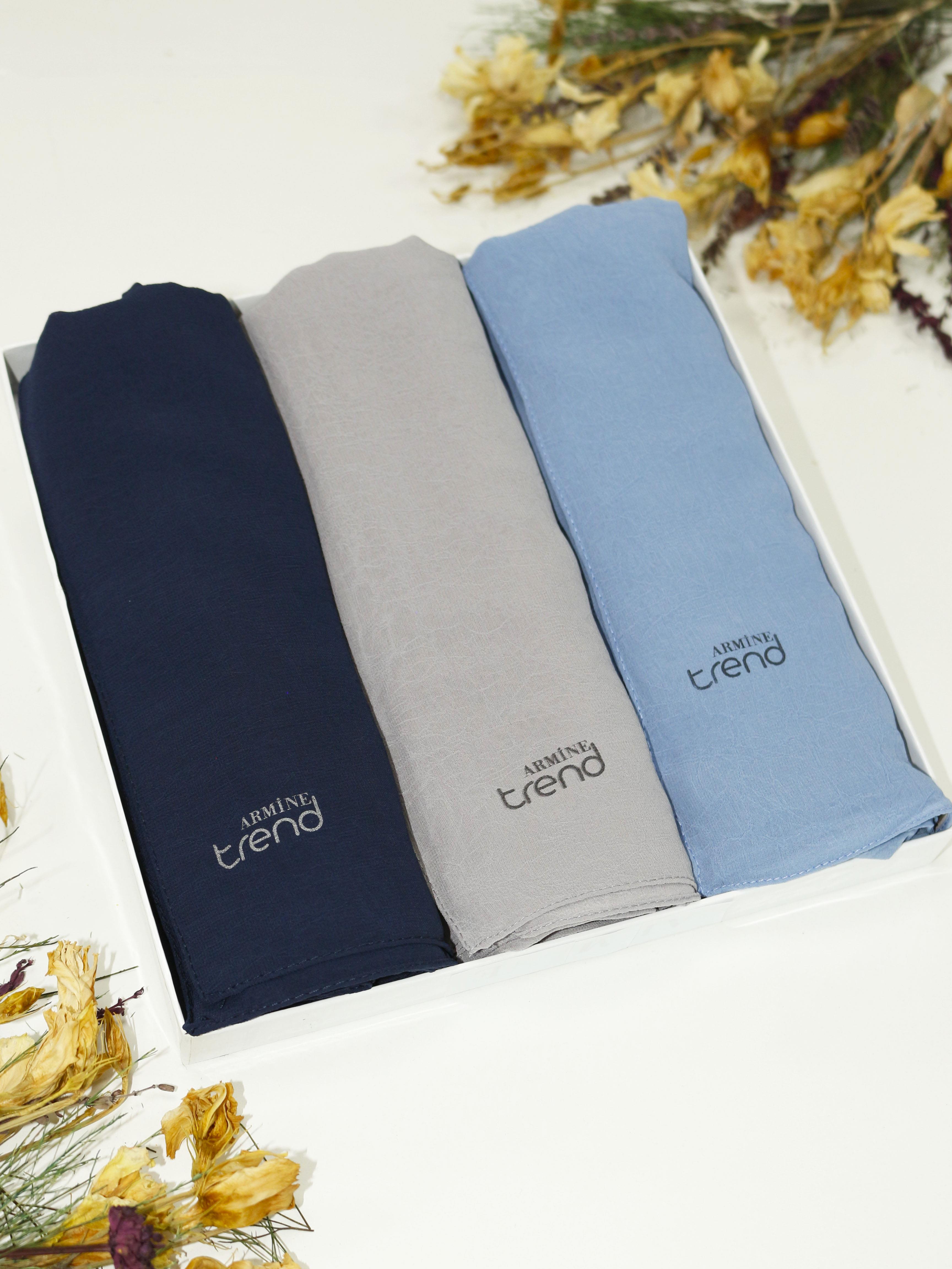 Armine Trend Krinkıl Şifon Şal - ATSKRN - 3'lü Set - Lacivert, Gri, Mavi
