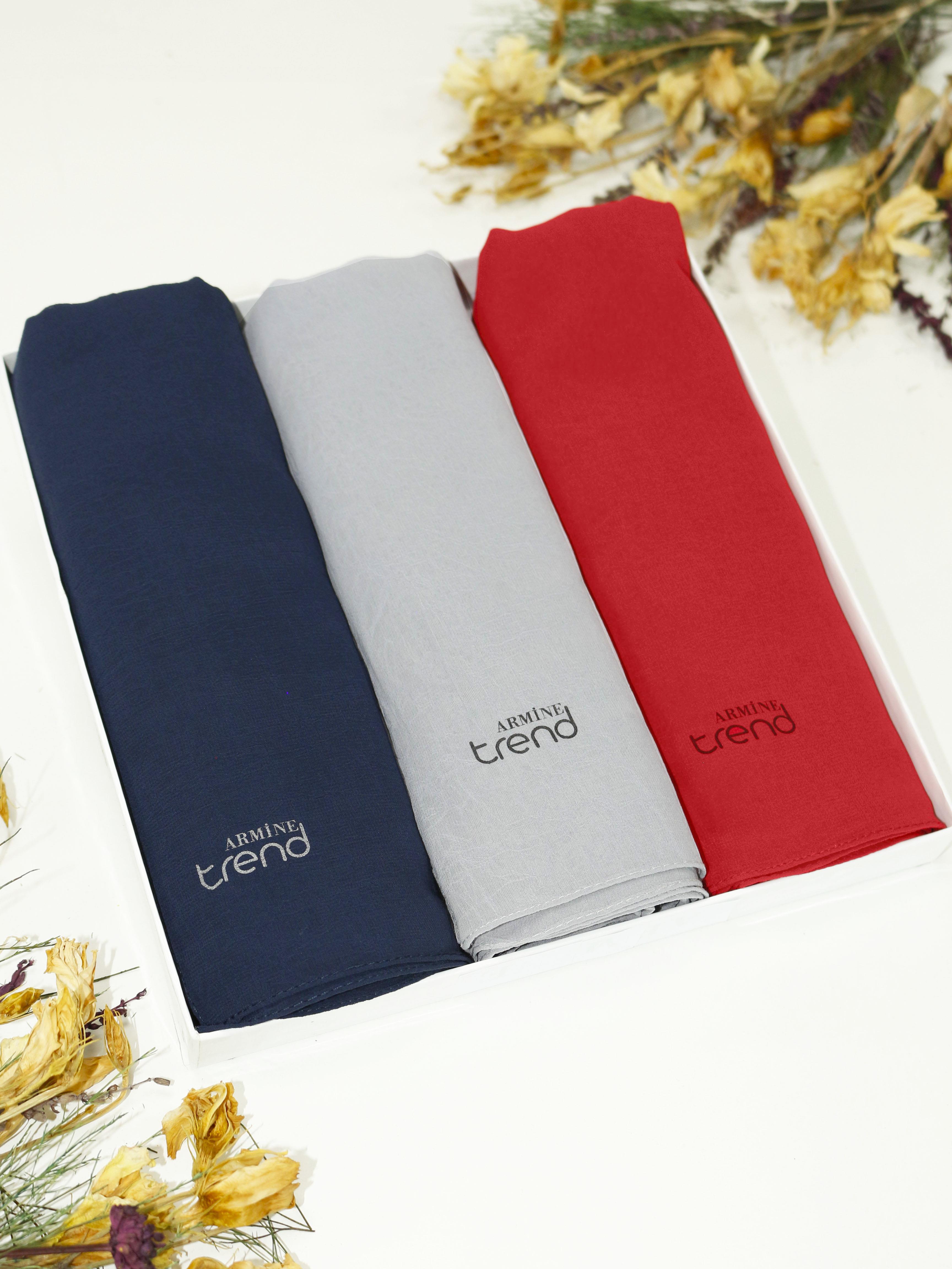 Armine Trend Krinkıl Şifon Şal - ATSKRN - 3'lü Set - Lacivert, Kırmızı, Gri