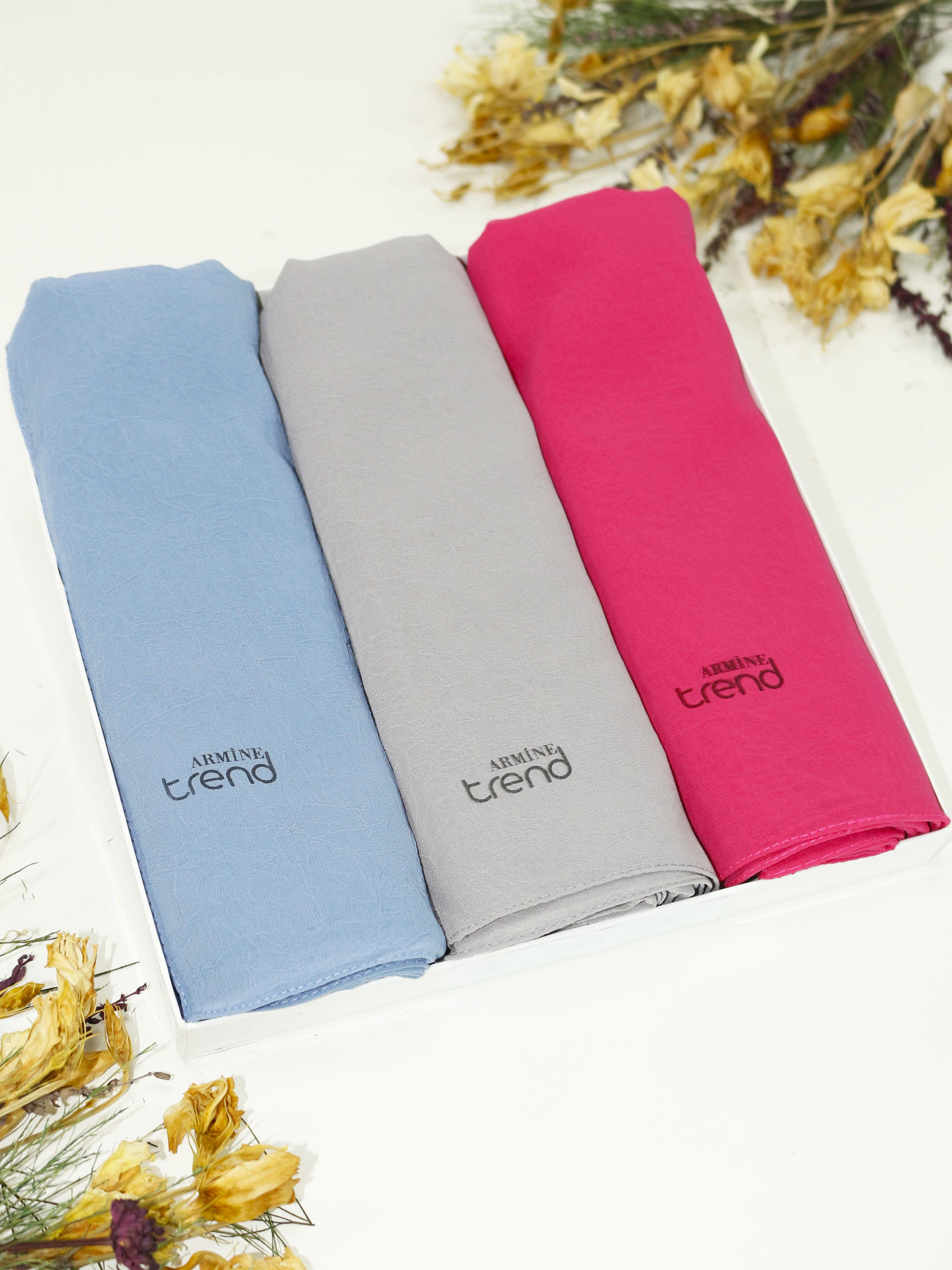 Armine Trend Krinkıl Şifon Şal - ATSKRN - 3'lü Set - Gri, Gök Mavisi, Fuşya
