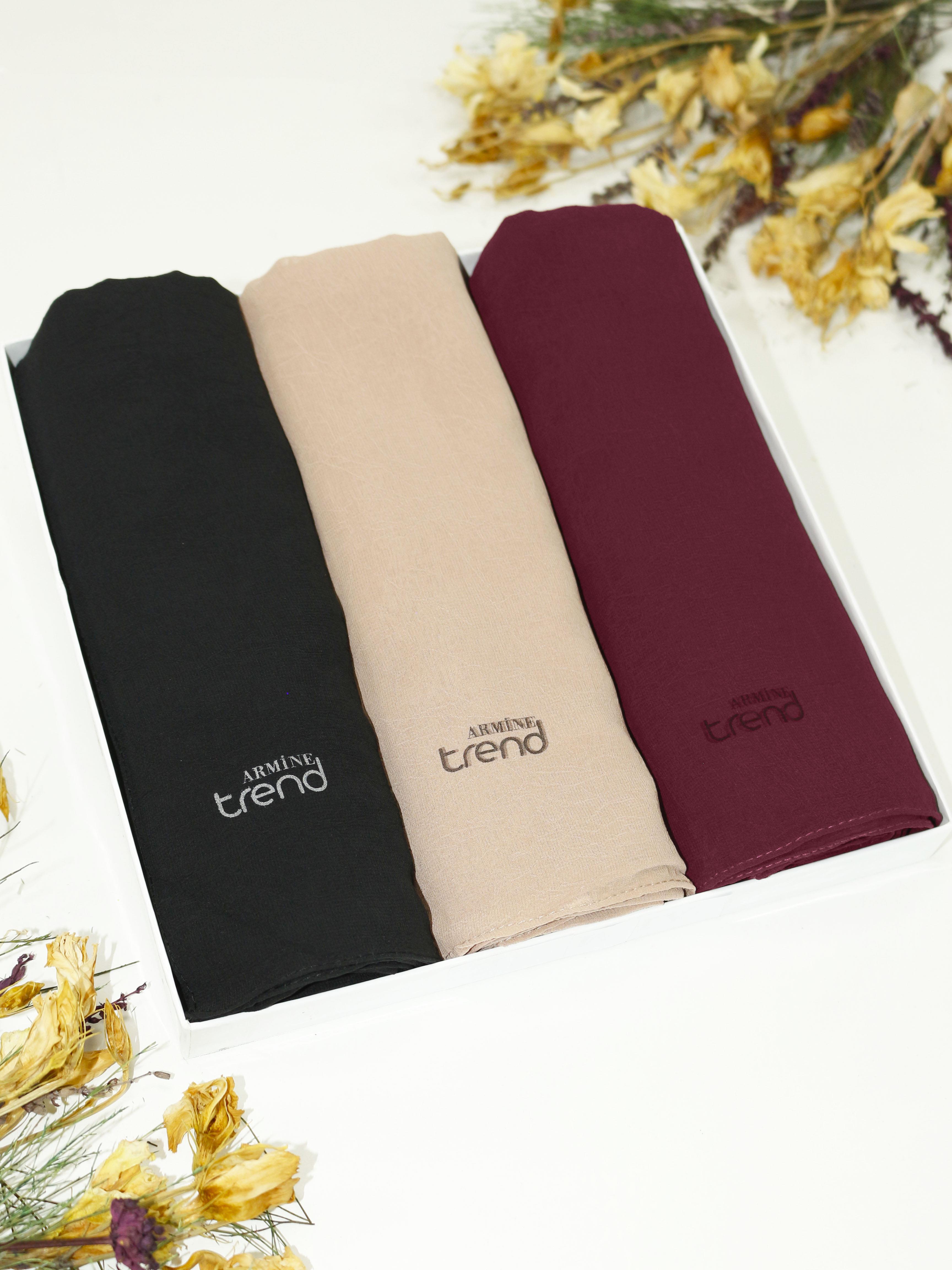 Armine Trend Krinkıl Şifon Şal - ATSKRN - 3'lü Set - Siyah, Sütlü Kahve, Bordo