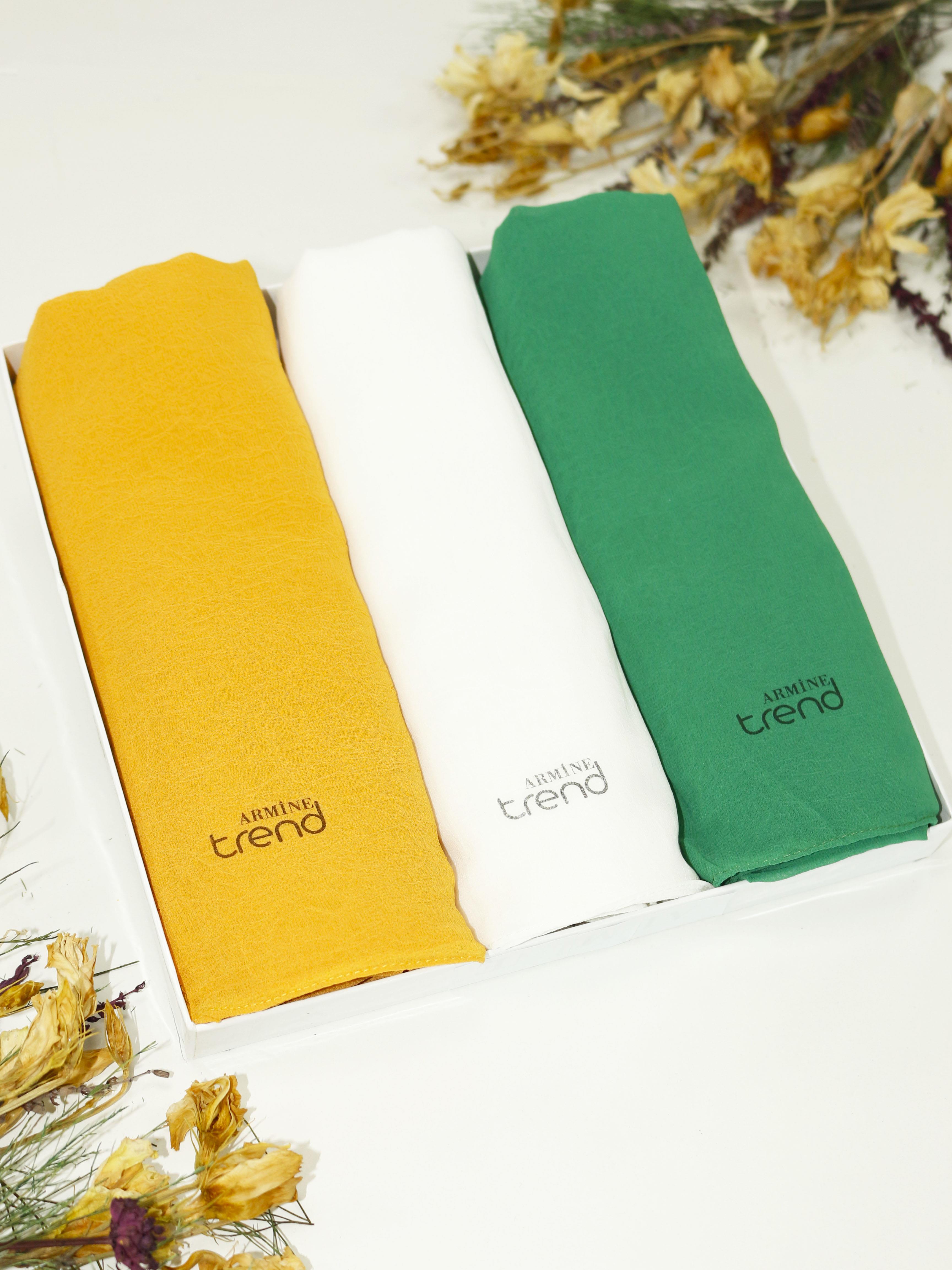 Armine Trend Krinkıl Şifon Şal - ATSKRN - 3'lü Set - Kırık Beyaz, Hardal Sarısı, Yeşil