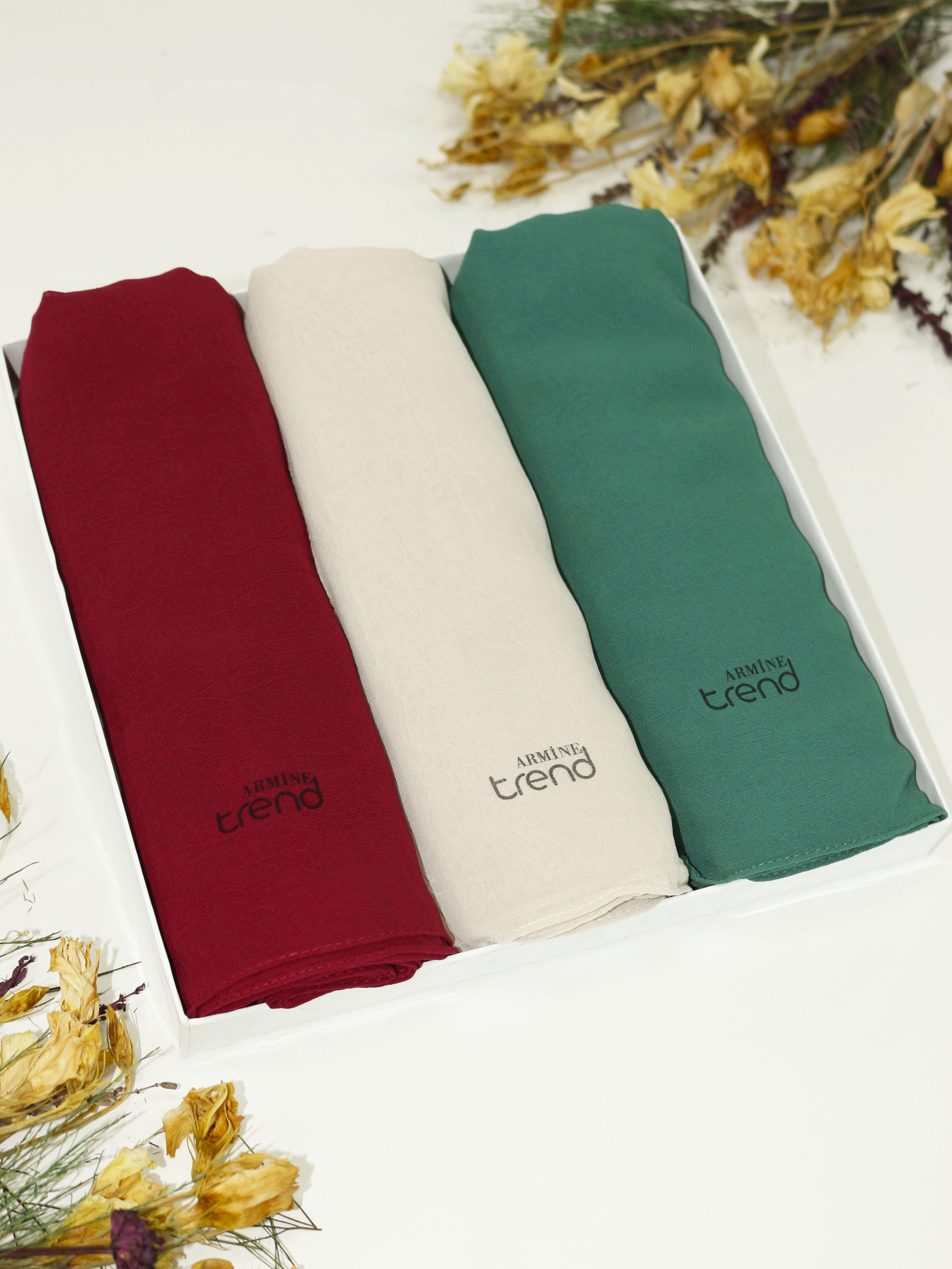 Armine Trend Krinkıl Şifon Şal - ATSKRN - 3'lü Set - Açık Vizon, Vişne, Yeşil