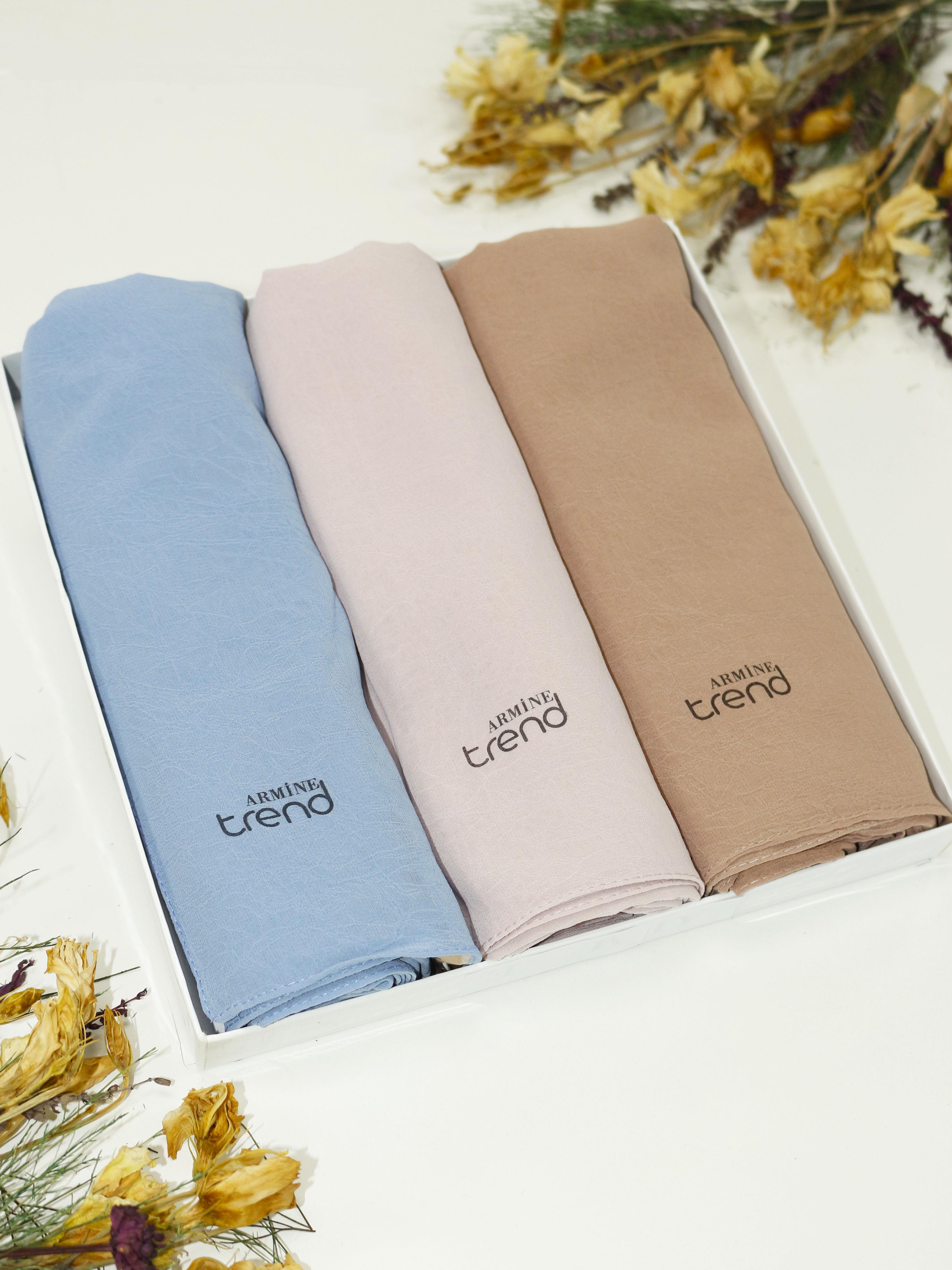 Armine Trend Krinkıl Şifon Şal - ATSKRN - 3'lü Set - Bisküvi, Toz Pembe, Mavi