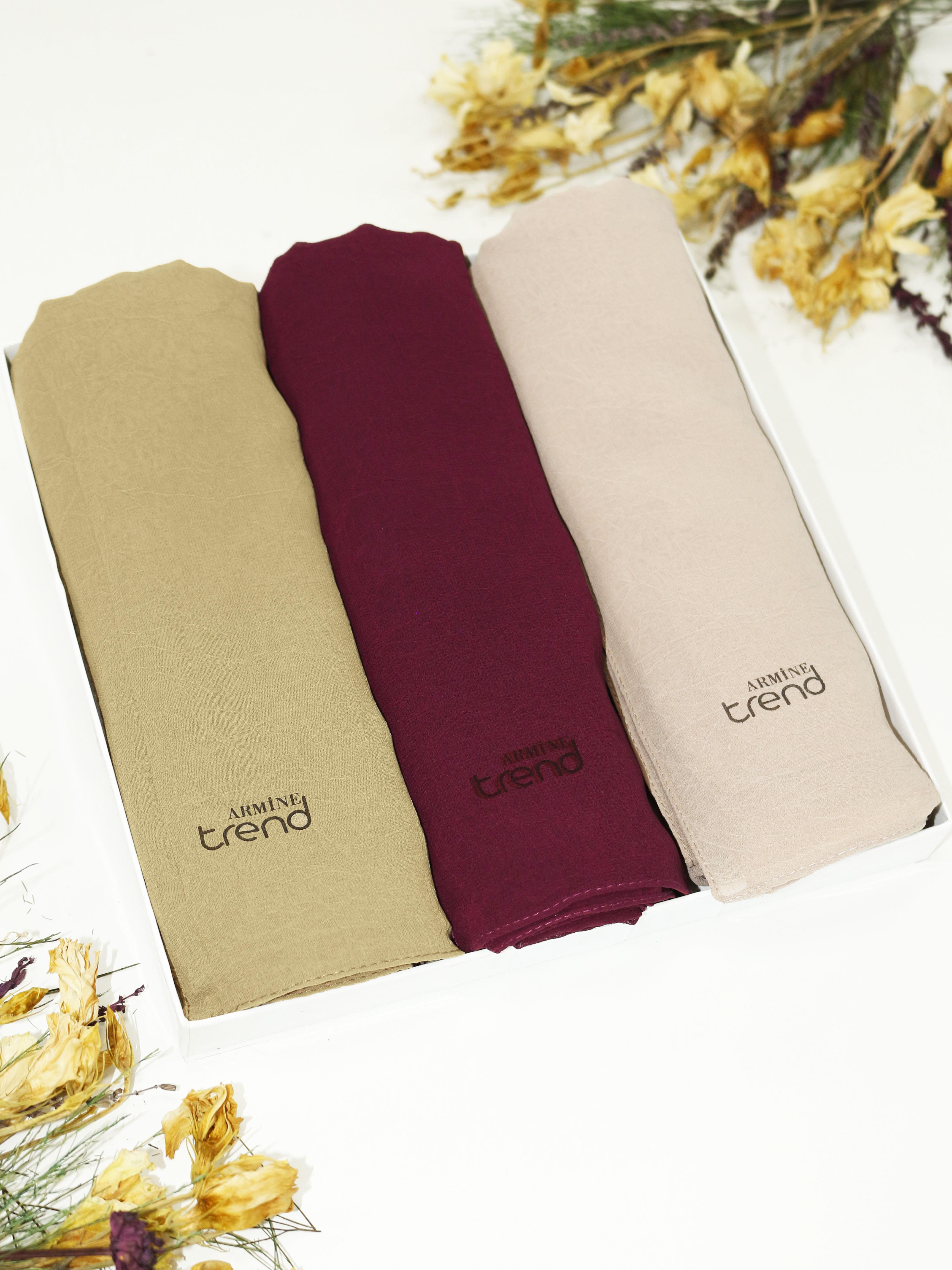 Armine Trend Krinkıl Şifon Şal - ATSKRN - 3'lü Set - Kraft Rengi, Kahve, Bordo