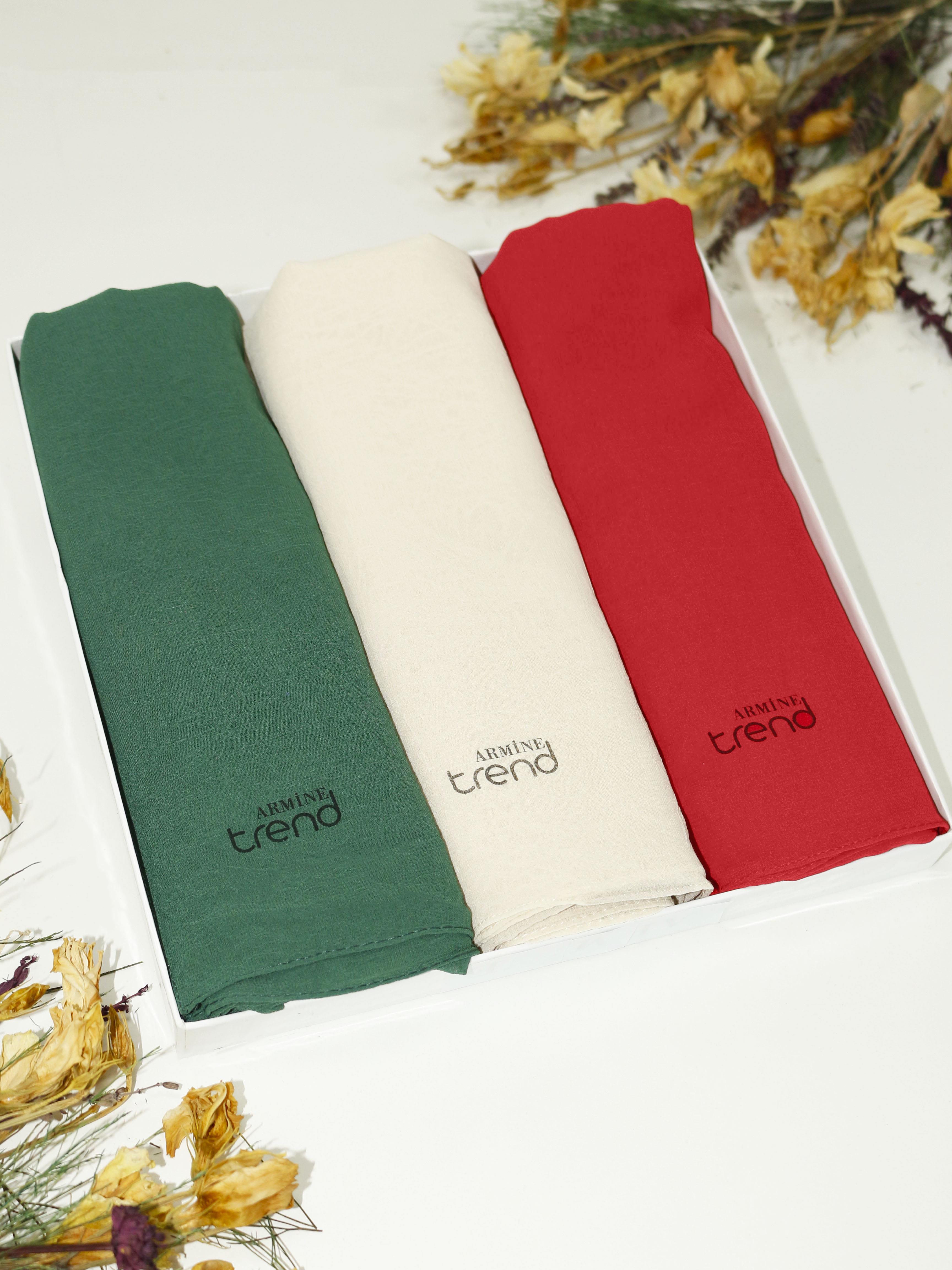 Armine Trend Krinkıl Şifon Şal - ATSKRN - 3'lü Set - Kırmızı, Krem, Yeşil