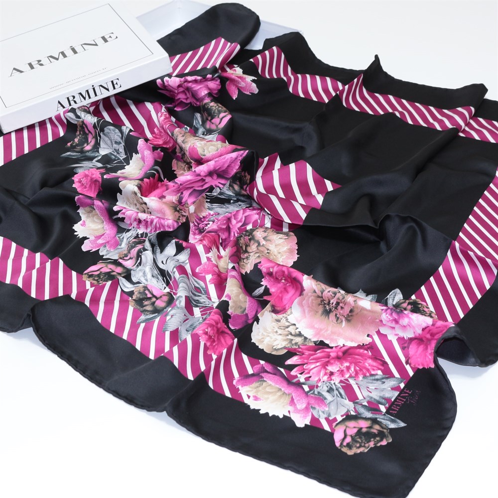 Armine Trend Rayon Poly. Eşarp - Çizgili Çiçek Desen - Siyah - Pembe - 12854-6