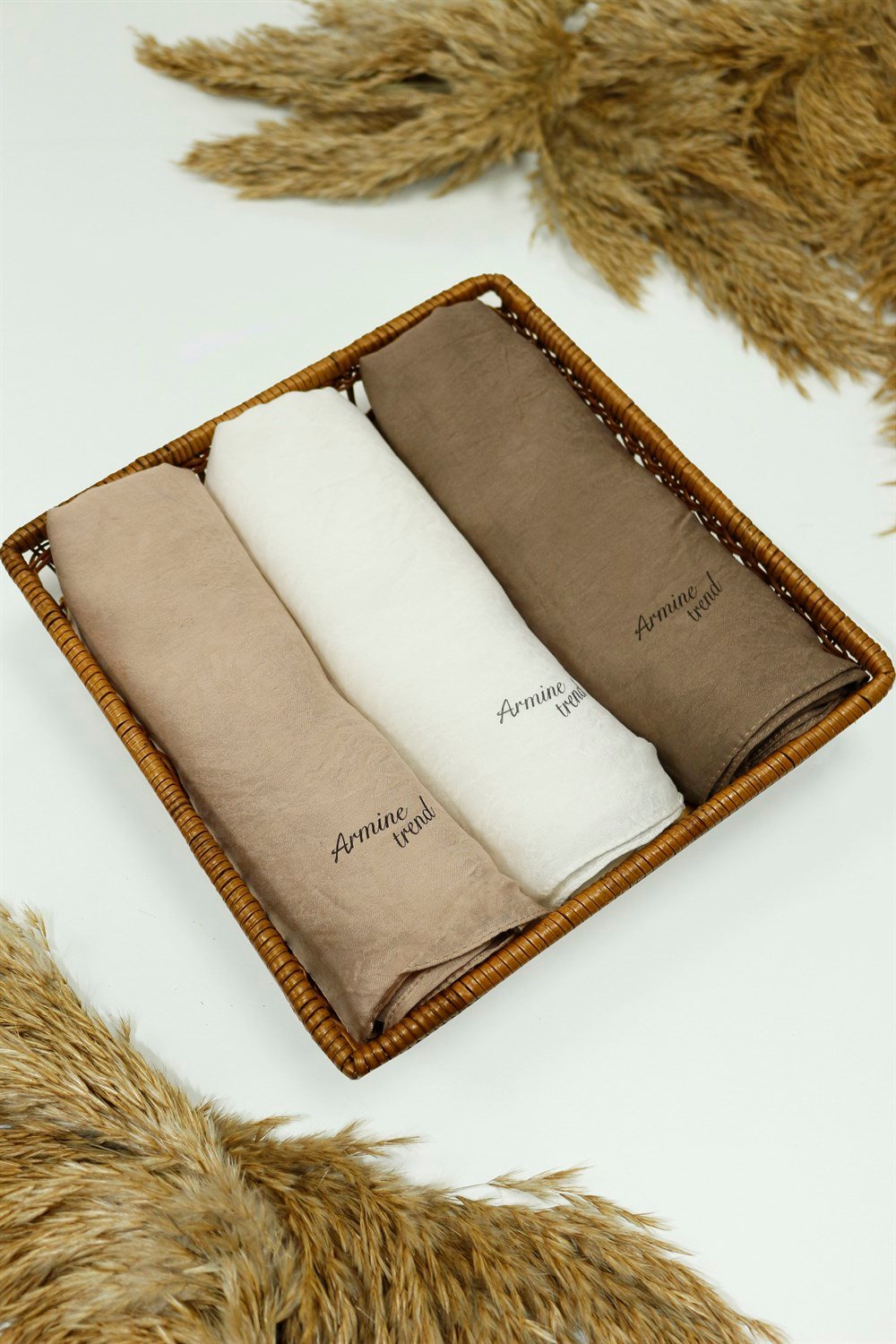 Armine Trend Vega Şal - Modal Kumaş - 3'lü Set - Beyaz ve Kahverengi - ATSVG-02-568-571