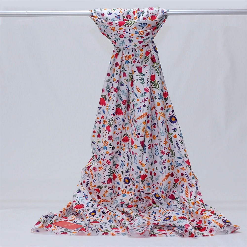 Armine Twill Şal - Çiçek Motifli  - 5601D 1 - Beyaz Zemin