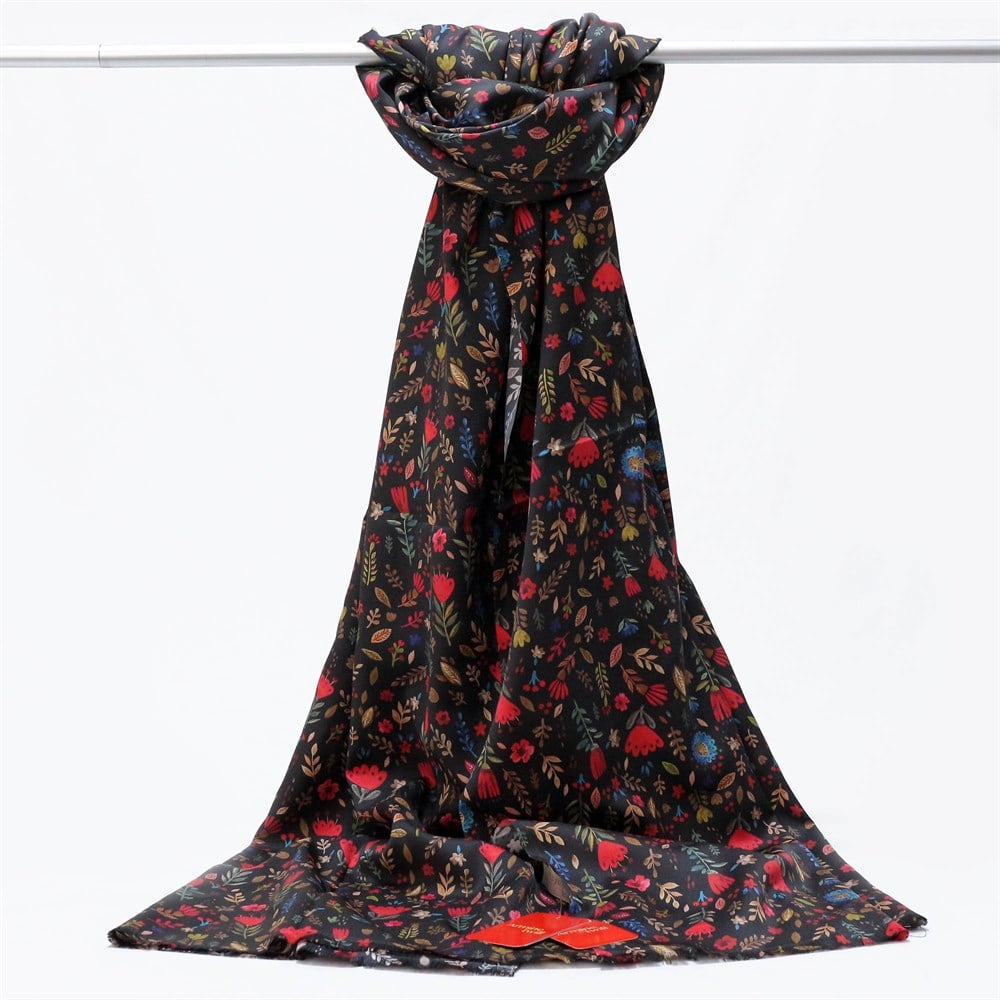 Armine Twill Şal - Çiçek Motifli  - 5601D 2 - Siyah Zemin