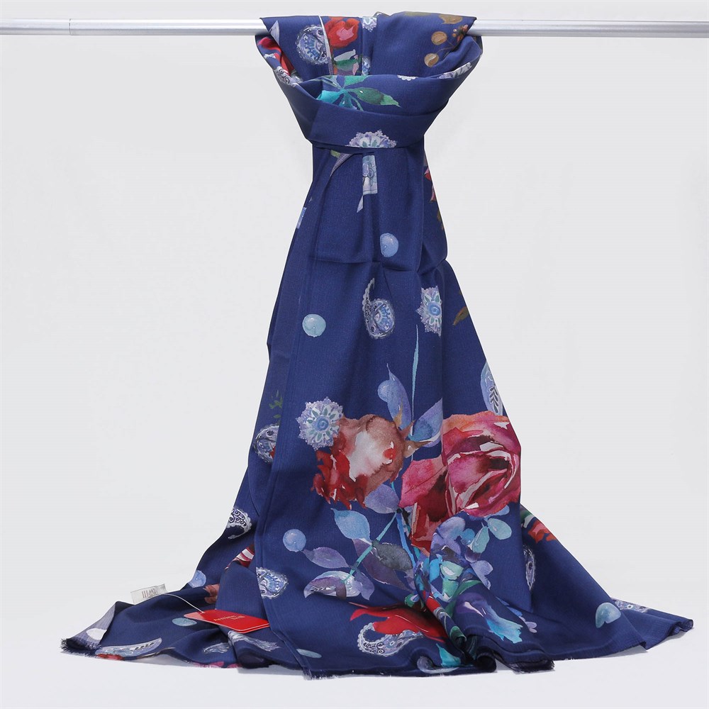 Armine Twill Şal - Gül Buketi Deseni - 5600D 15 - Saks Kareli Zemin