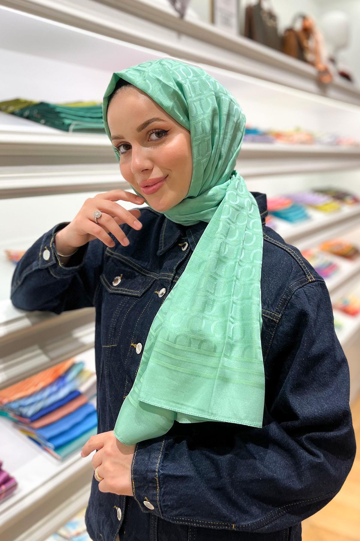 Armine Zincir Desen, Pamuk Jakarlı, Diamond Şal - DIA6-4825 - Su Yeşili