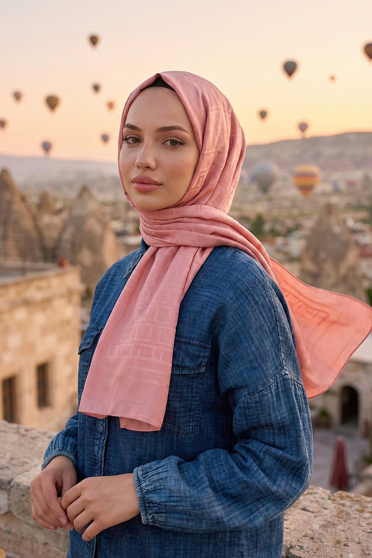 Armine Zincir Desen, Pamuk Jakarlı Şal - DIA6-4823 - Pembe