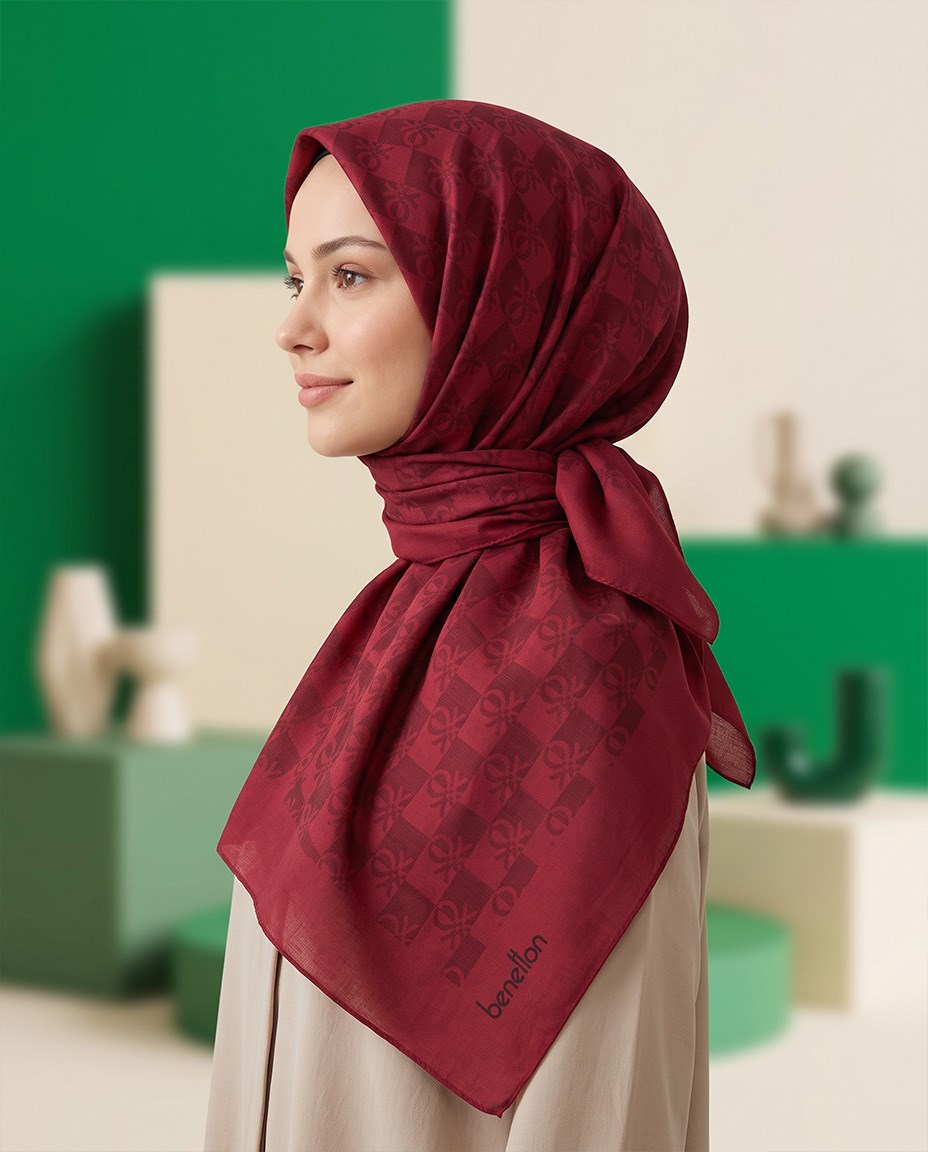 Benetton Monogram Eşarp - Elegante Tre - 1028-2205 - Açık Bordo