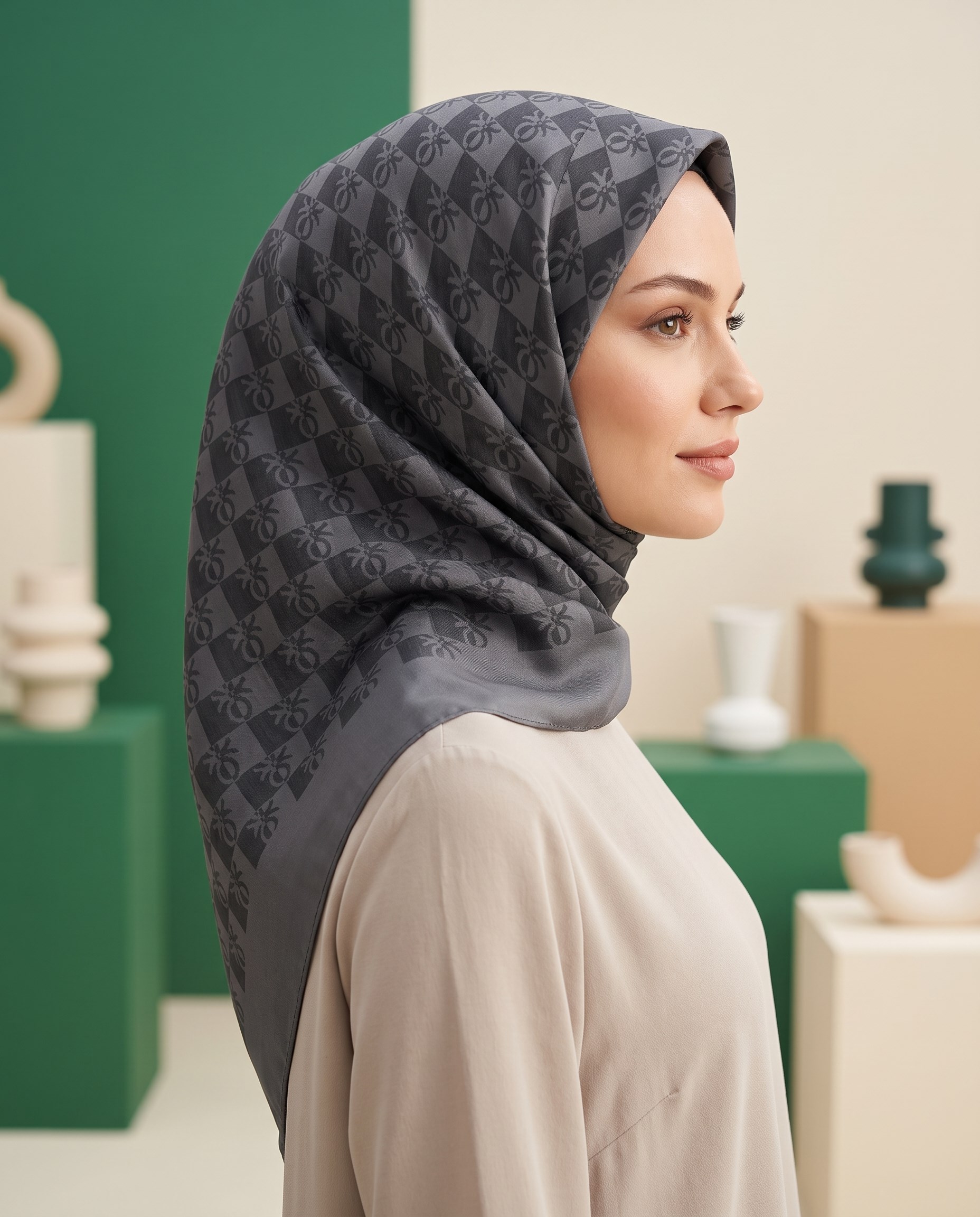 Benetton Monogram Eşarp - Elegante Tre - 1028-3037 - Antrasit