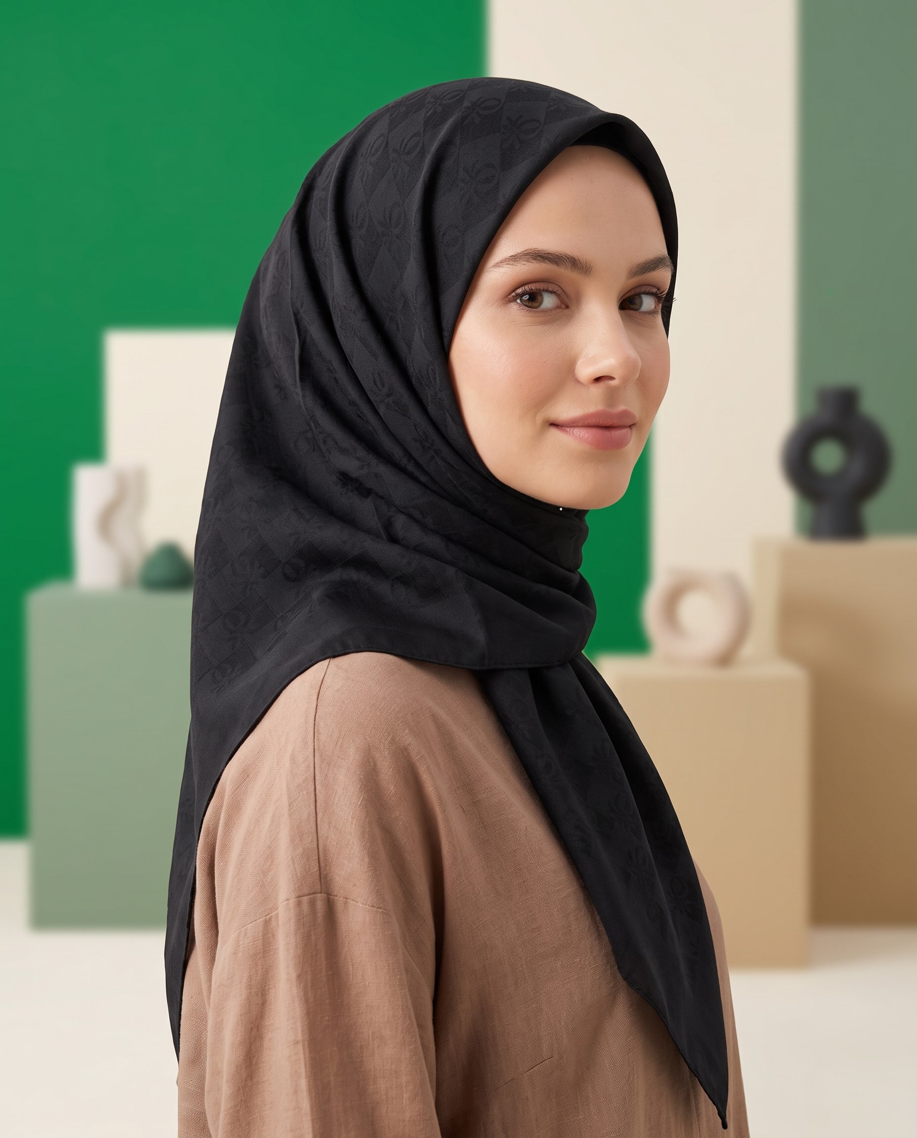 Benetton Monogram Eşarp - Elegante Tre - 1028-83 - Siyah