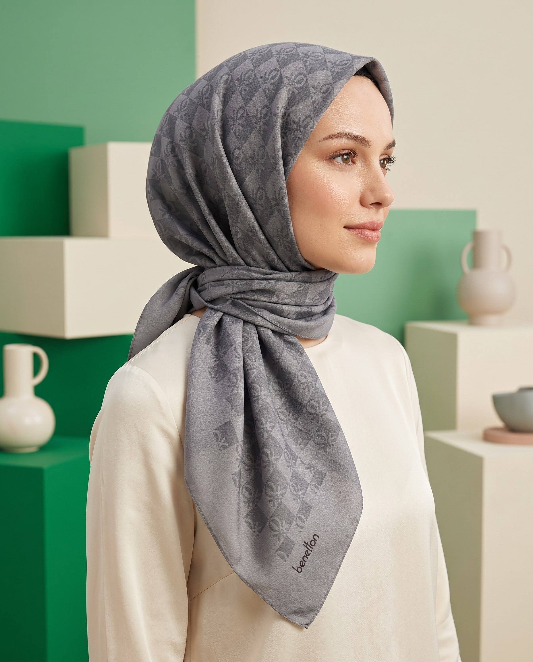 Benetton Monogram Eşarp - Elegante Tre - 1028-2208 - Gri