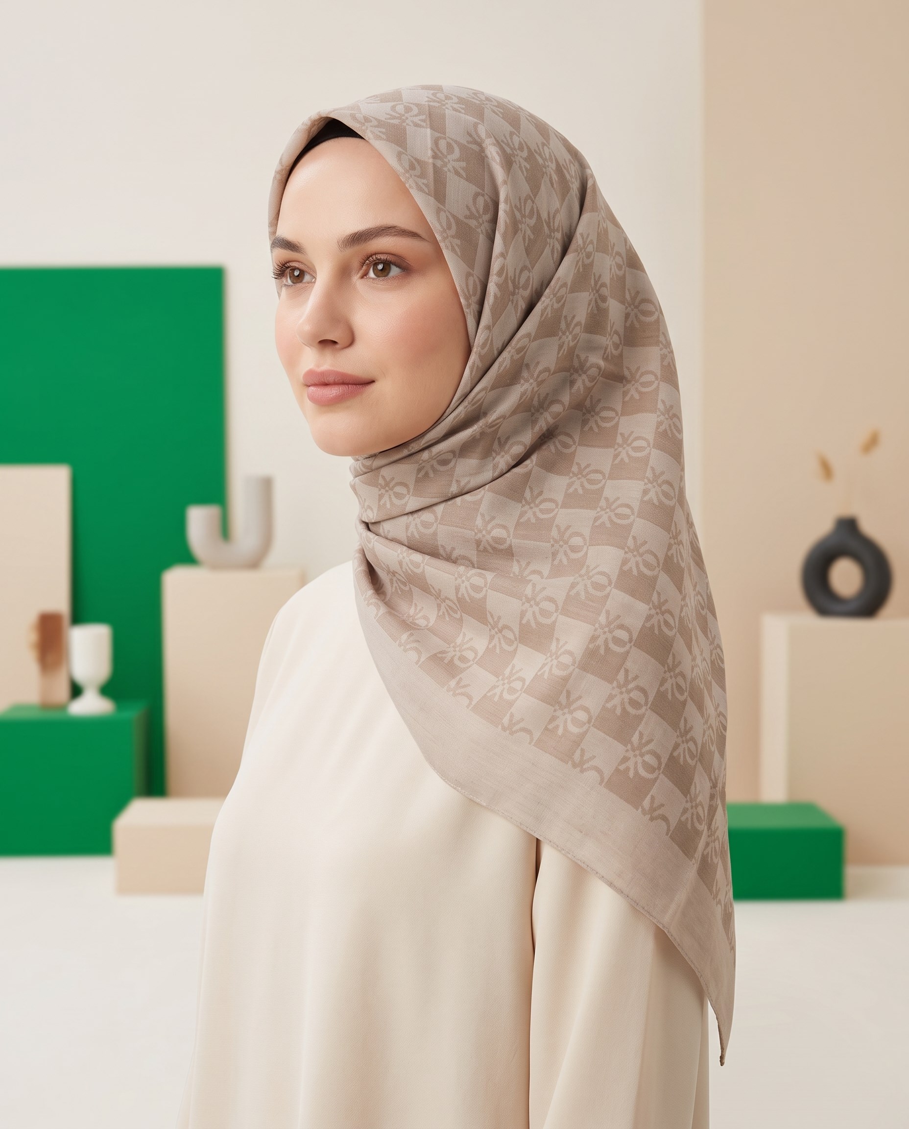 Benetton Monogram Eşarp - Elegante Tre - 1028-2818 - Sütlü Kahve