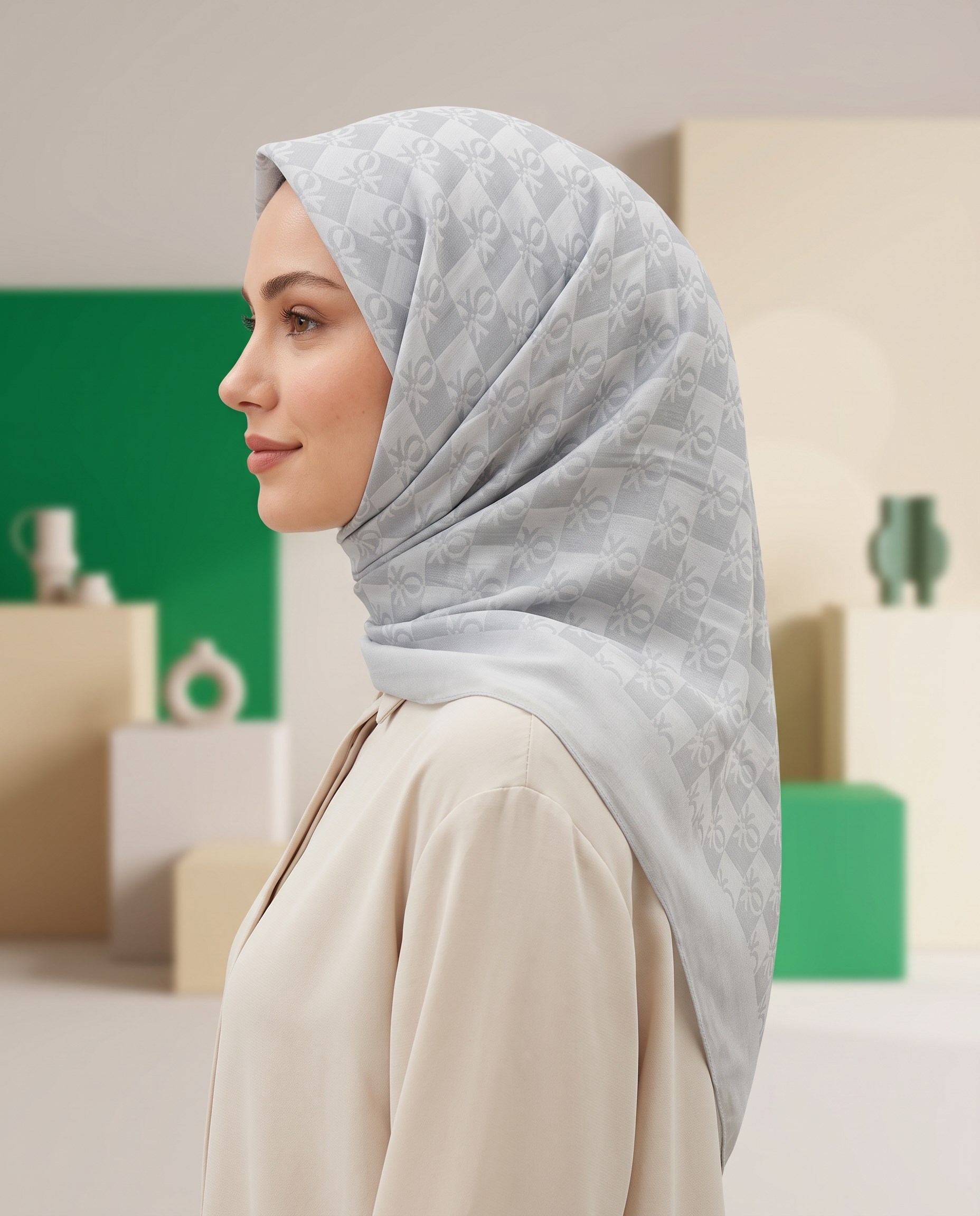 Benetton Monogram Eşarp - Elegante Tre - 1028-23017 - Gümüş