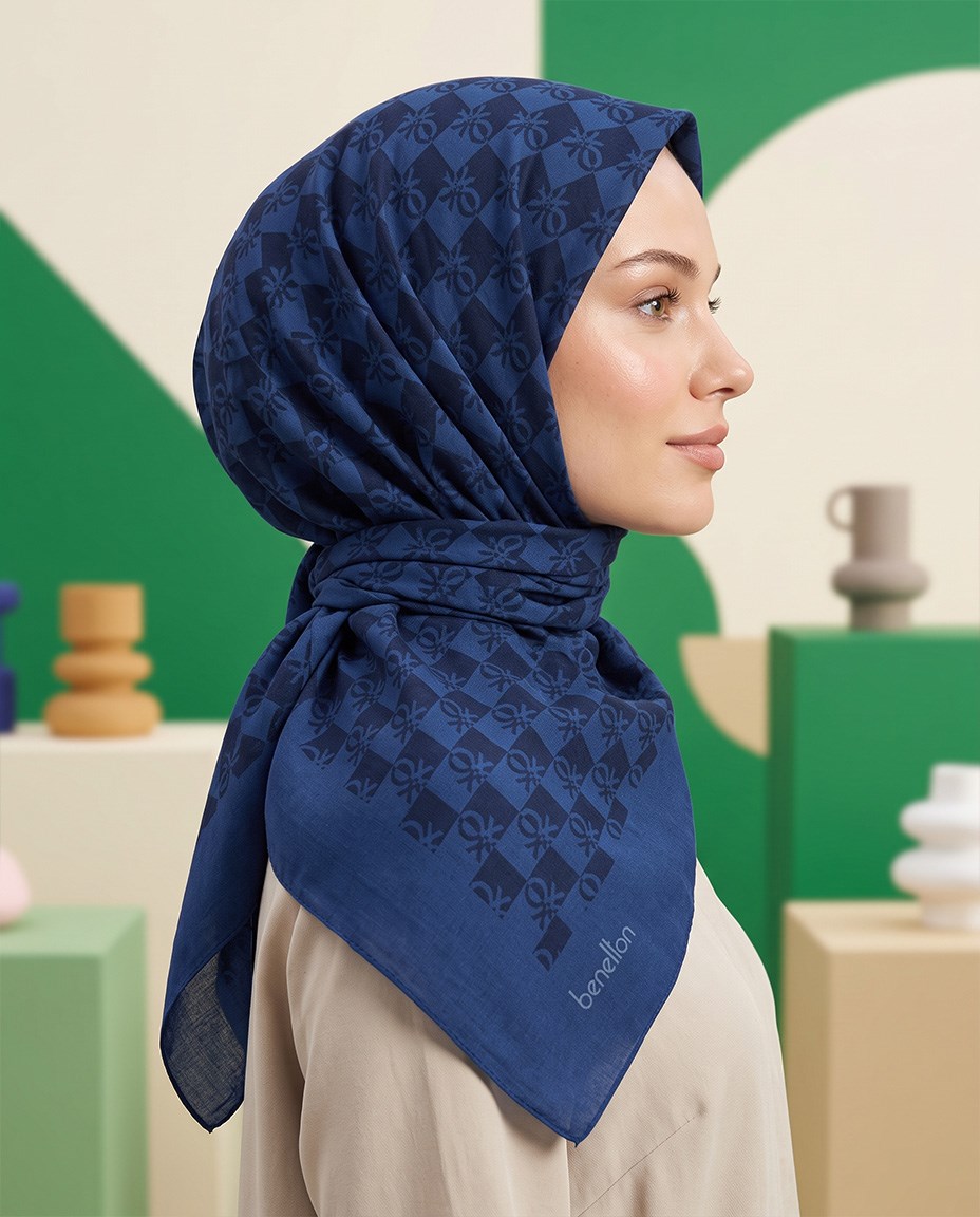 Benetton Monogram Eşarp - Elegante Tre - 1028-1919 - Lacivert