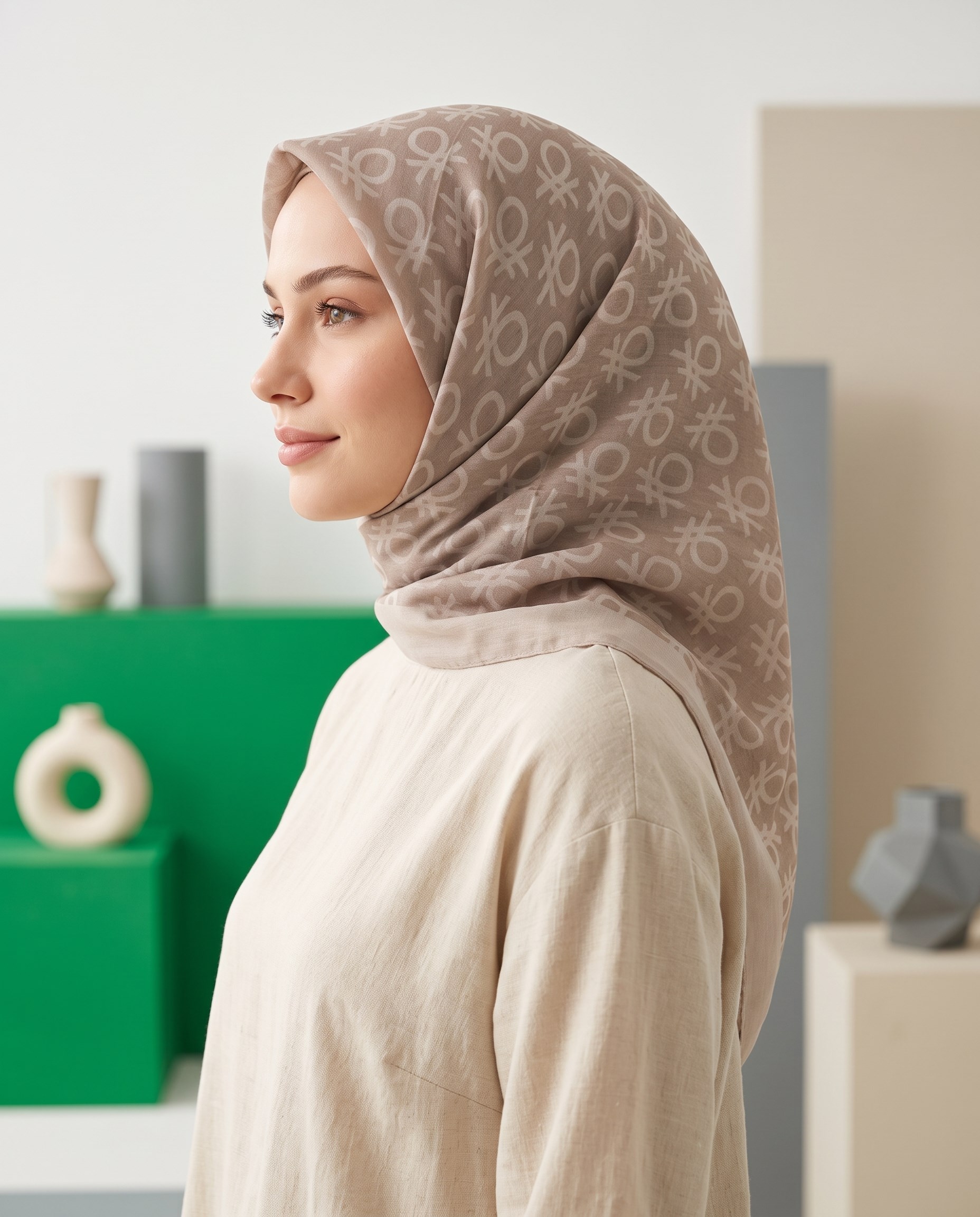 Benetton Monogram Eşarp - Elegante Uno - 1024-2818 - Sütlü Kahve