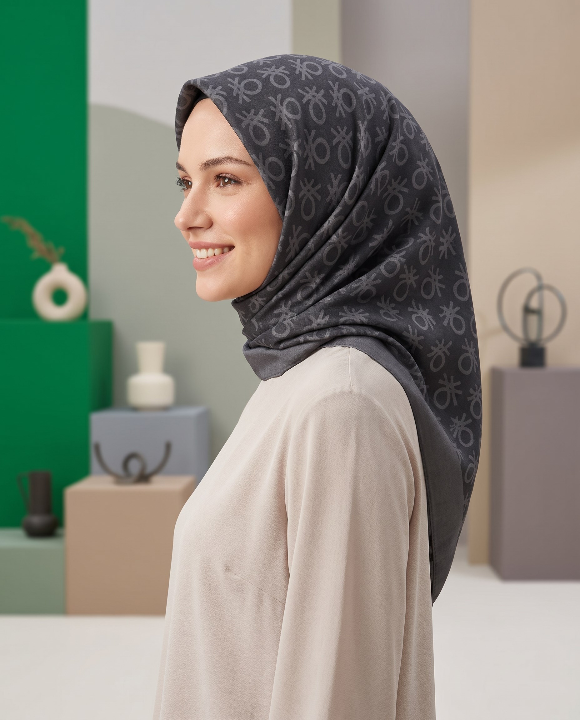 Benetton Monogram Eşarp - Elegante Uno - 1024-3037 - Antrasit