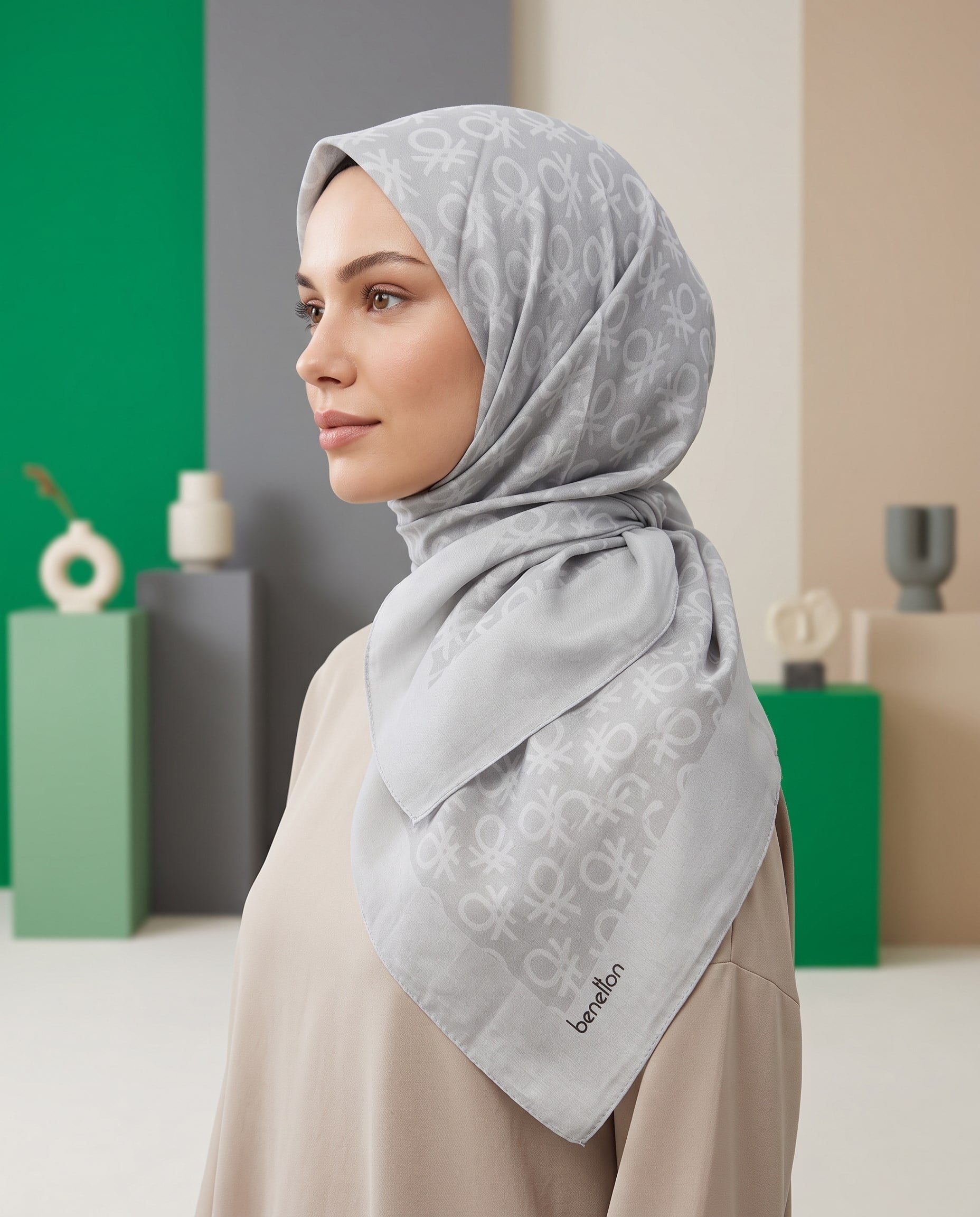 Benetton Monogram Eşarp - Elegante Uno - 1024-23017 - Gümüş