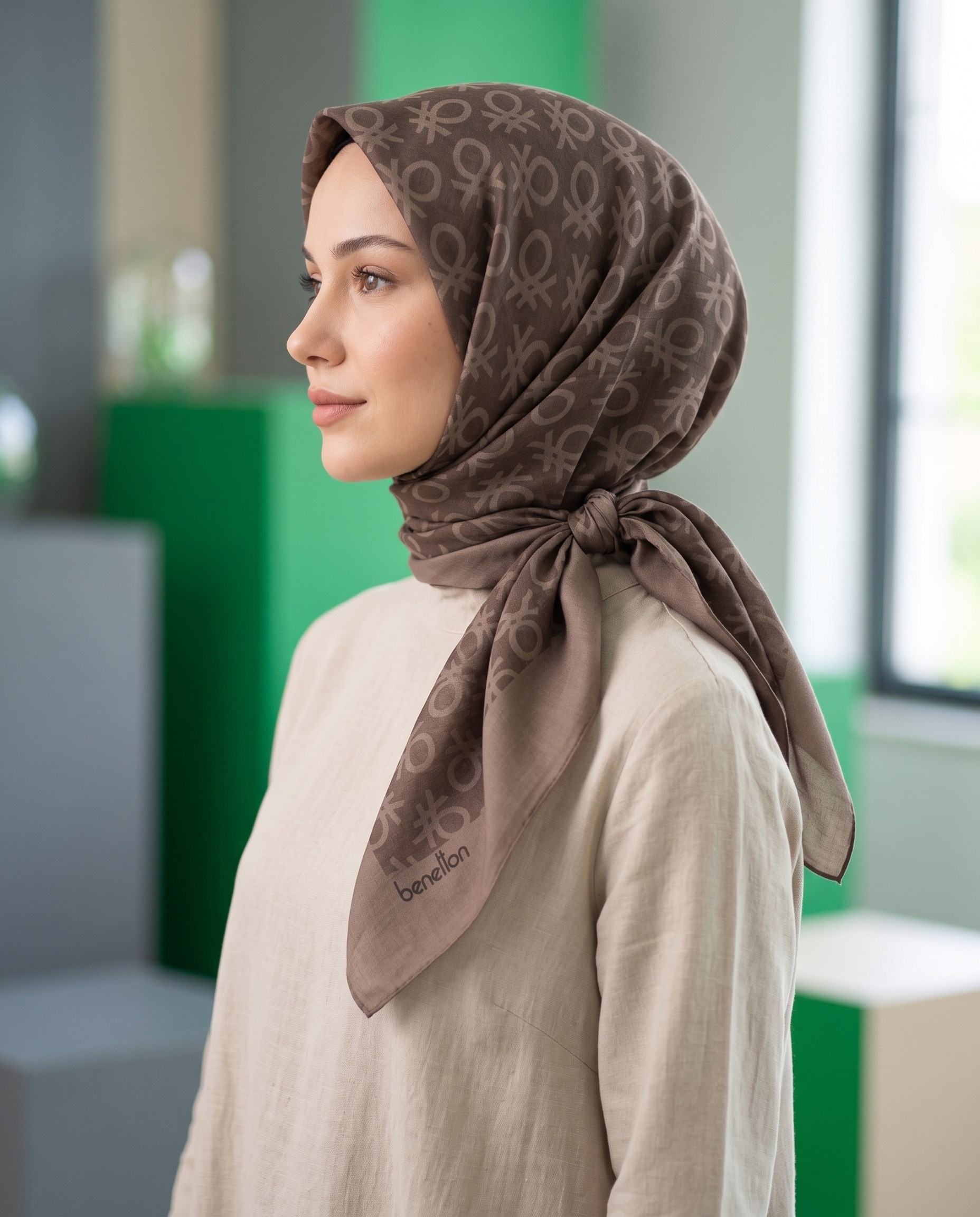 Benetton Monogram Eşarp - Elegante Uno - 1024-2817 - Kahve
