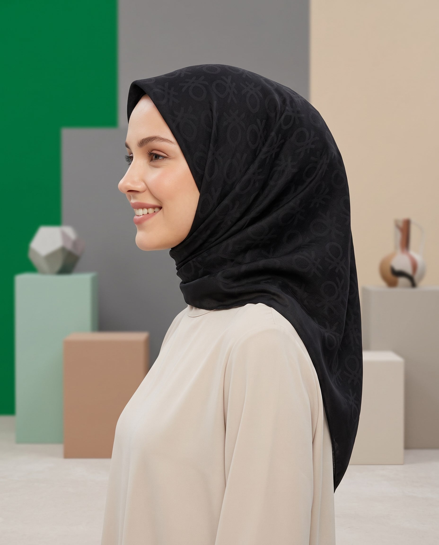 Benetton Monogram Eşarp - Elegante Uno - 1024-83 - Siyah