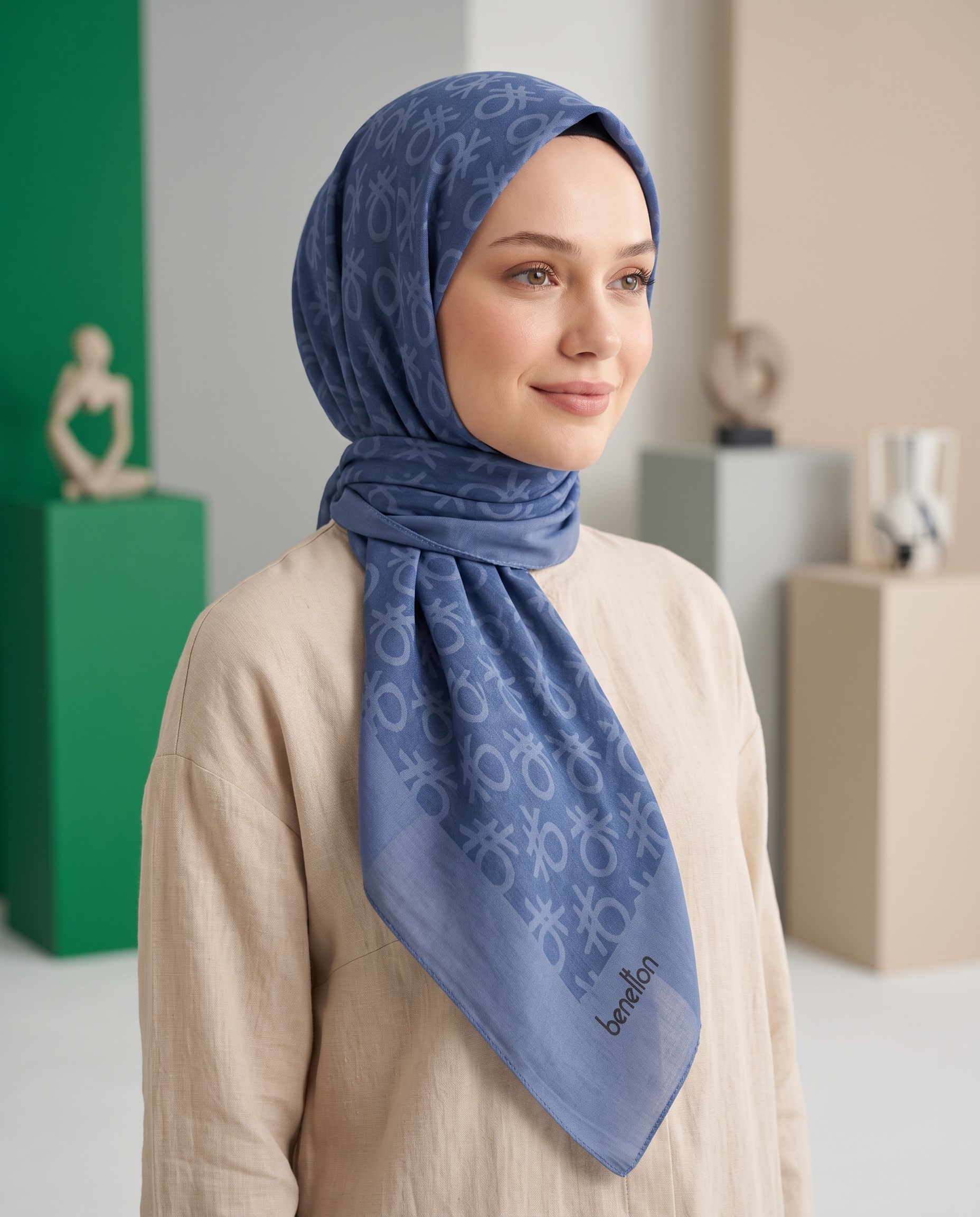 Benetton Monogram Eşarp - Elegante Uno - 1024-2286 - İndigo