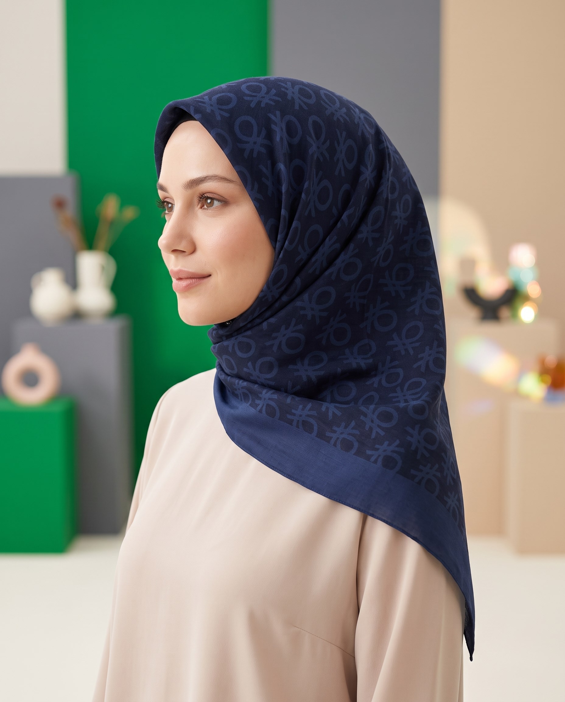 Benetton Monogram Eşarp - Elegante Uno - 1024-1919 - Lacivert