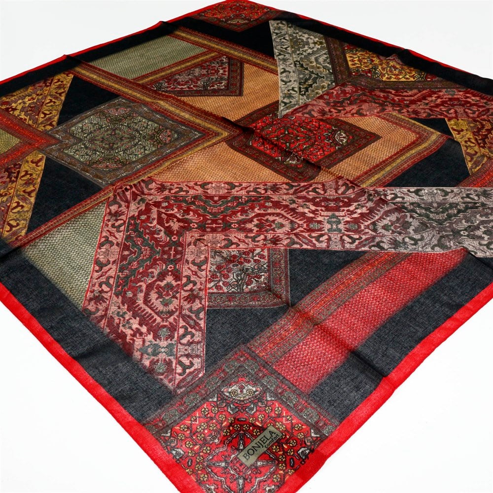 Bonjela Comfort Otantik Desen Keten Eşarp - 11437-Kırmızı