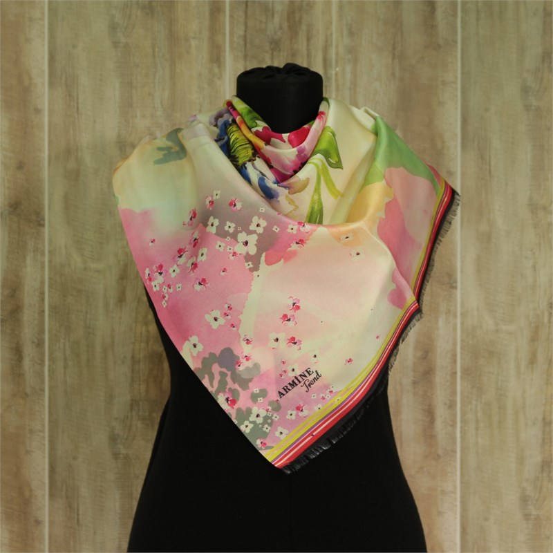 Armine Trend Dijital Baskılı Tafta Eşarp - 2293-B1 - Çiçekli Desen, Pembe Yeşil, Çok Renkli