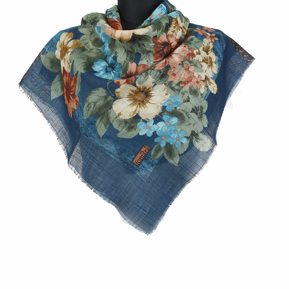 Vertu Bahar Çiçekleri Desenli Simli Flamlı Eşarp - 11 Petrol