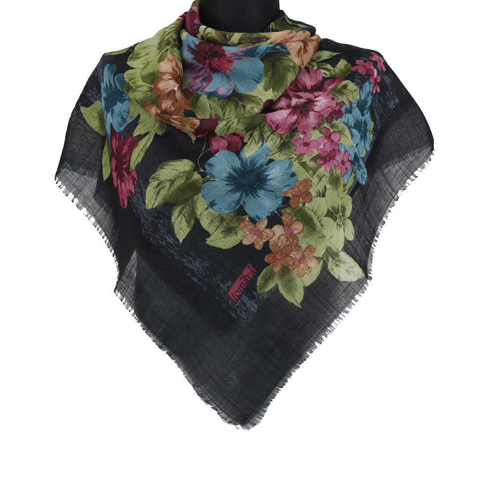 Vertu Bahar Çiçekleri Desenli Simli Flamlı Eşarp - 08 Siyah