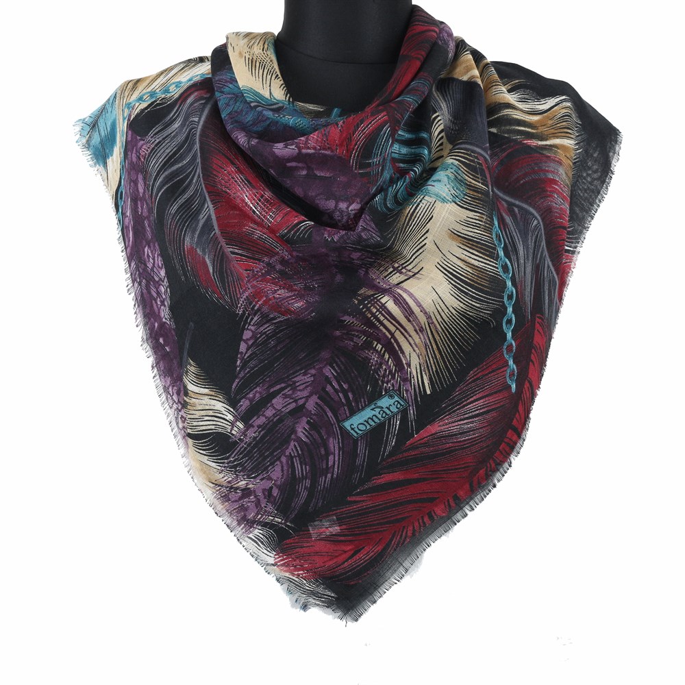 Fomara Renkli Tüy Desen Flamlı Eşarp - 06 Siyah, Pembe