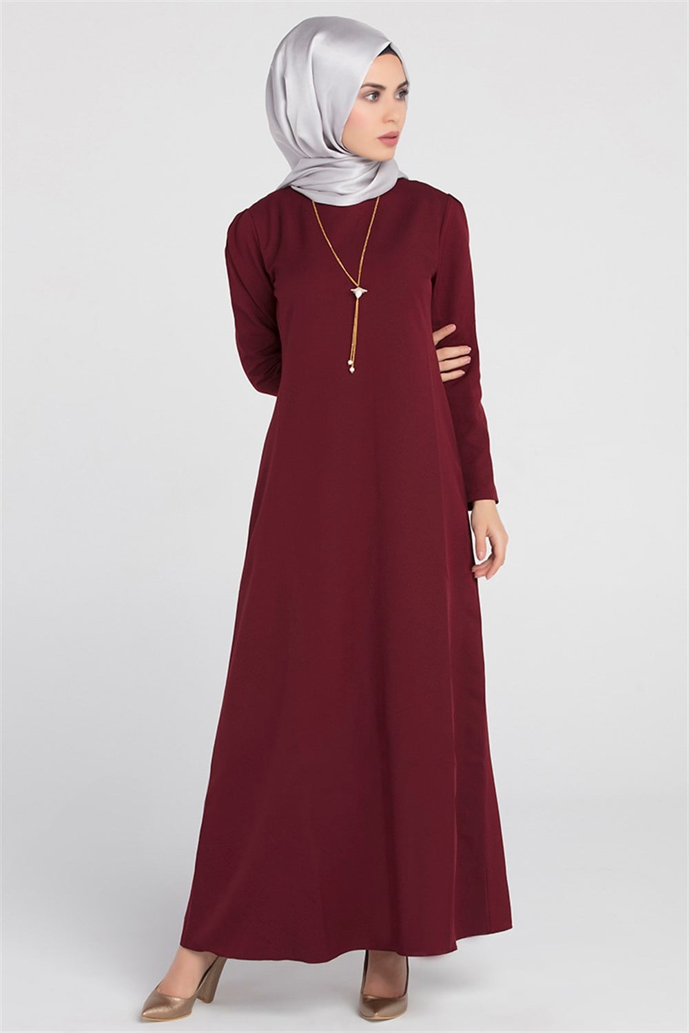 Kolyeli Elbise - Bordo - 7004