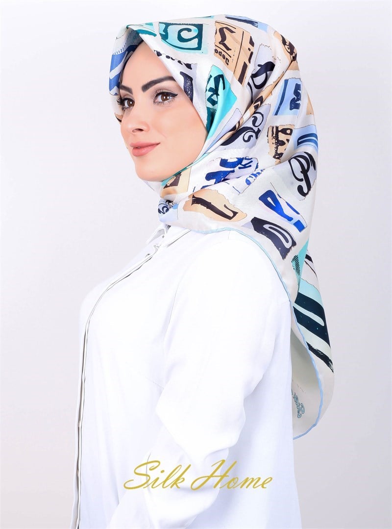 Silk Home Tivil İpek Eşarp - SLK-A10 - Vintage Harf Deseni, Beyaz