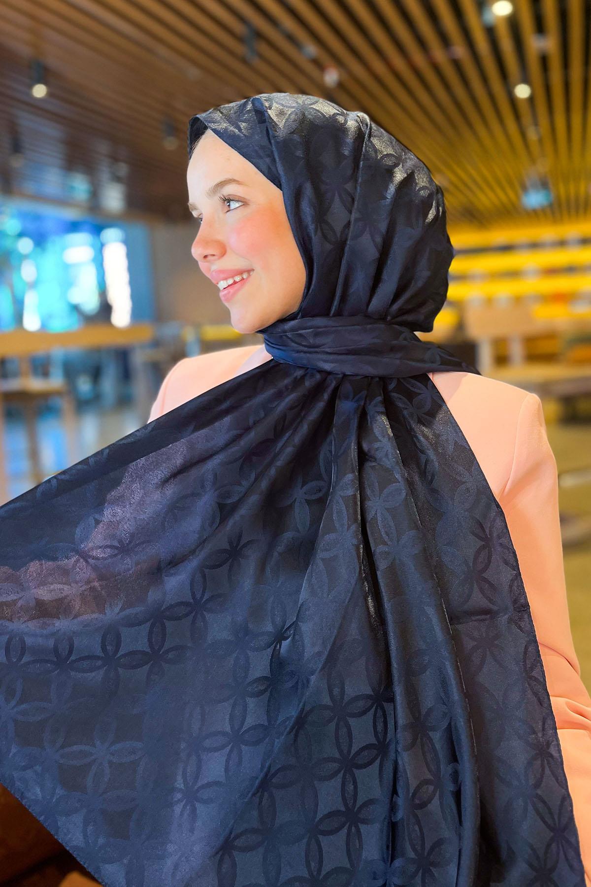 Sultan Jakarlı Şal - Çiçek Desen - SLJ001-02 - Lacivert