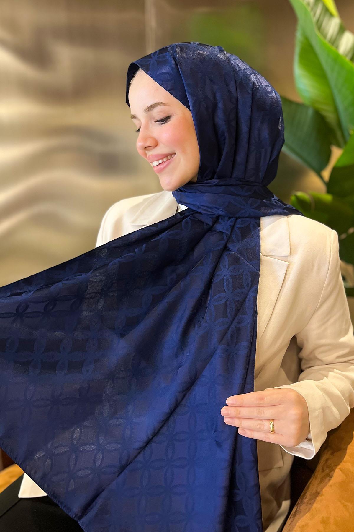 Sultan Jakarlı Şal - Çiçek Desen - SLJ001-08 - Gece Mavisi