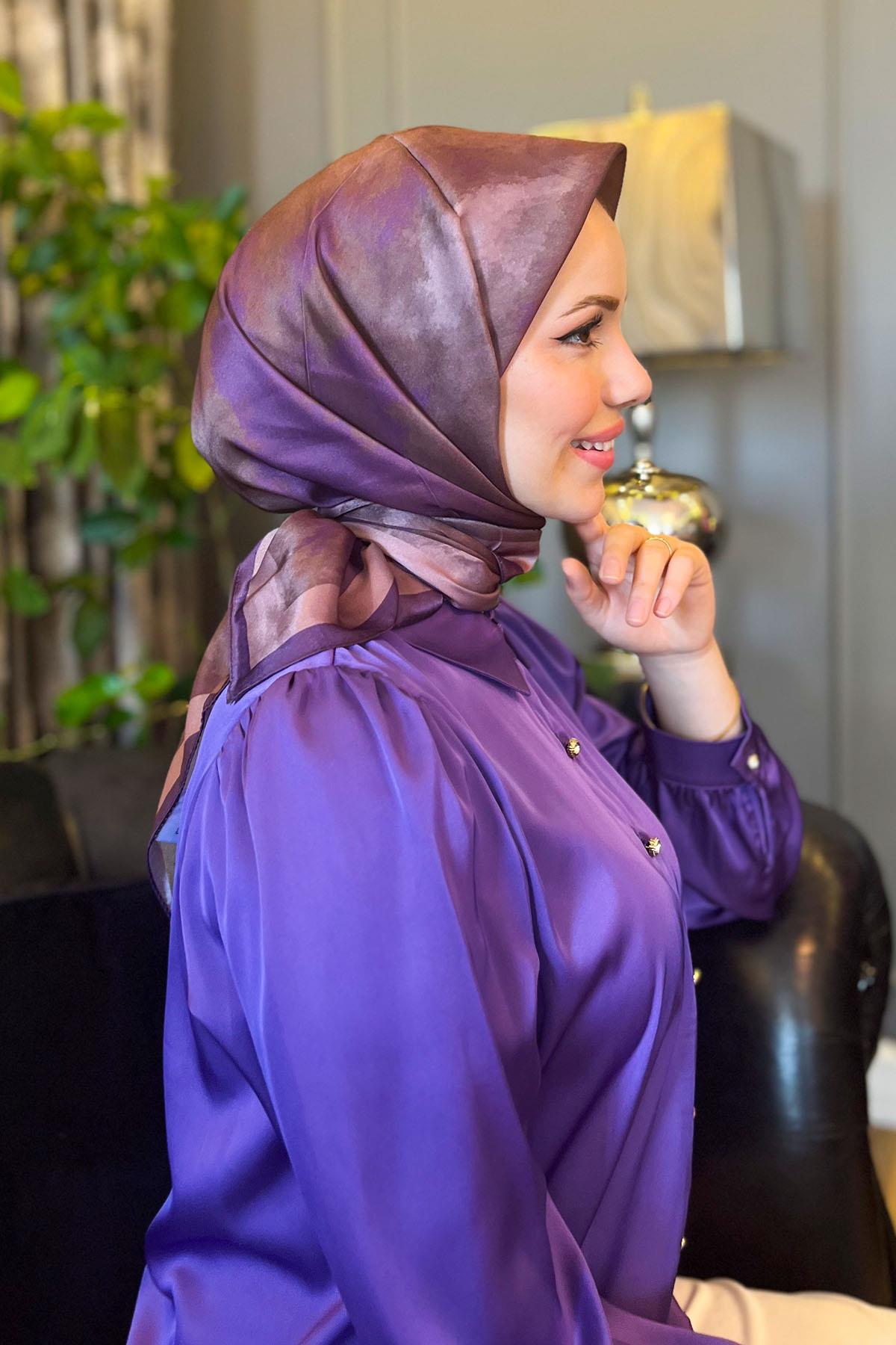 Sultan Kristal Eşarp - Bulut Desen - SKE94 - Mor, Kahve