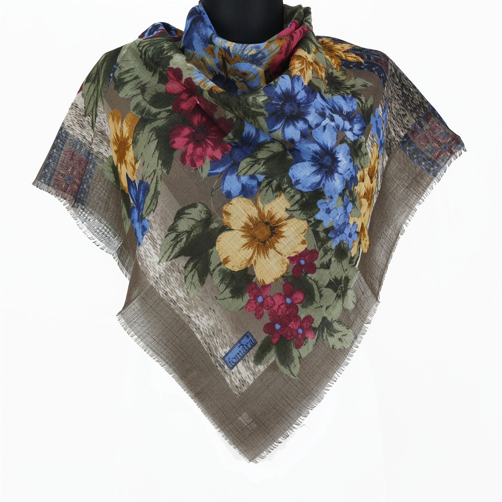 Vertu Bahar Çiçekleri Desenli Simli Flamlı Eşarp - 03 Vizon
