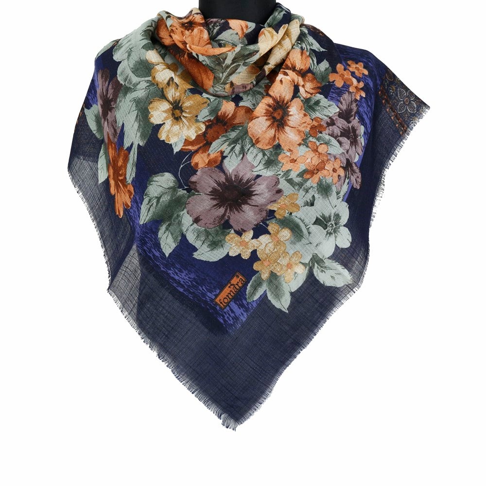 Vertu Bahar Çiçekleri Desenli Simli Flamlı Eşarp - 06 Saks Mavi