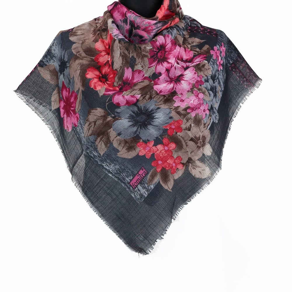 Vertu Bahar Çiçekleri Desenli Simli Flamlı Eşarp - 04 Antrasit