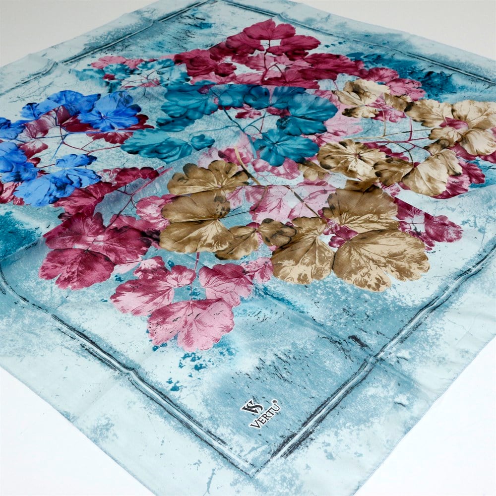 Vertu Çerçeveli Çiçek Desen Yazma - 11 Okyanus Mavi