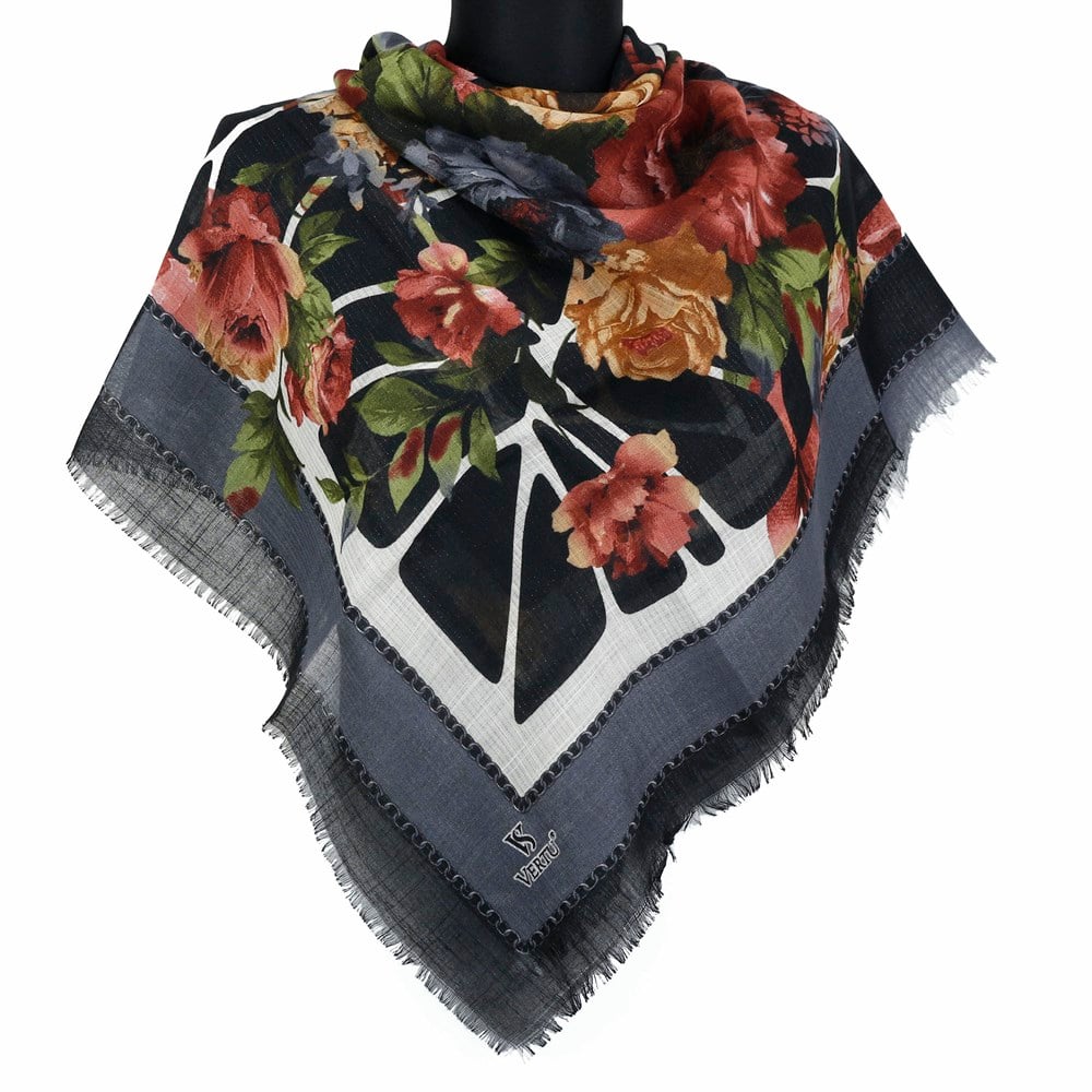 Vertu Çiçek Desenli Simli Flamlı Eşarp - 03 Antrasit