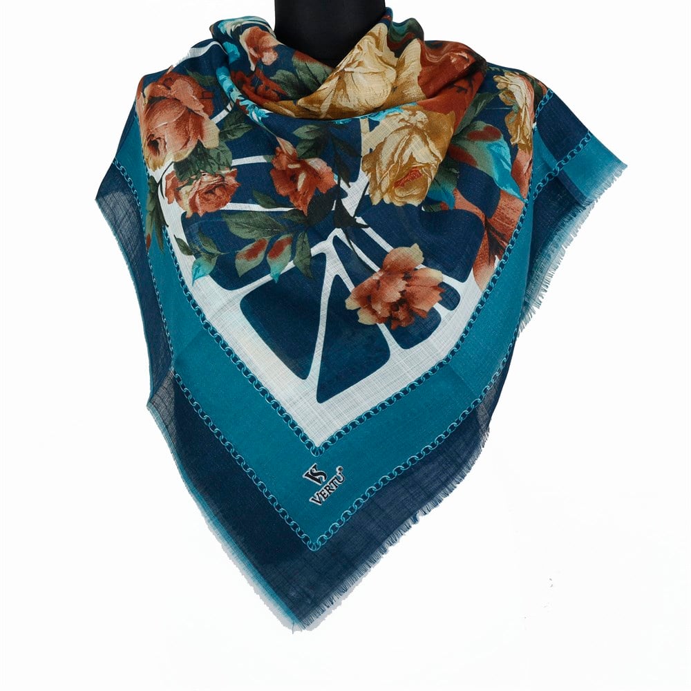 Vertu Çiçek Desenli Simli Flamlı Eşarp - 13 Petrol